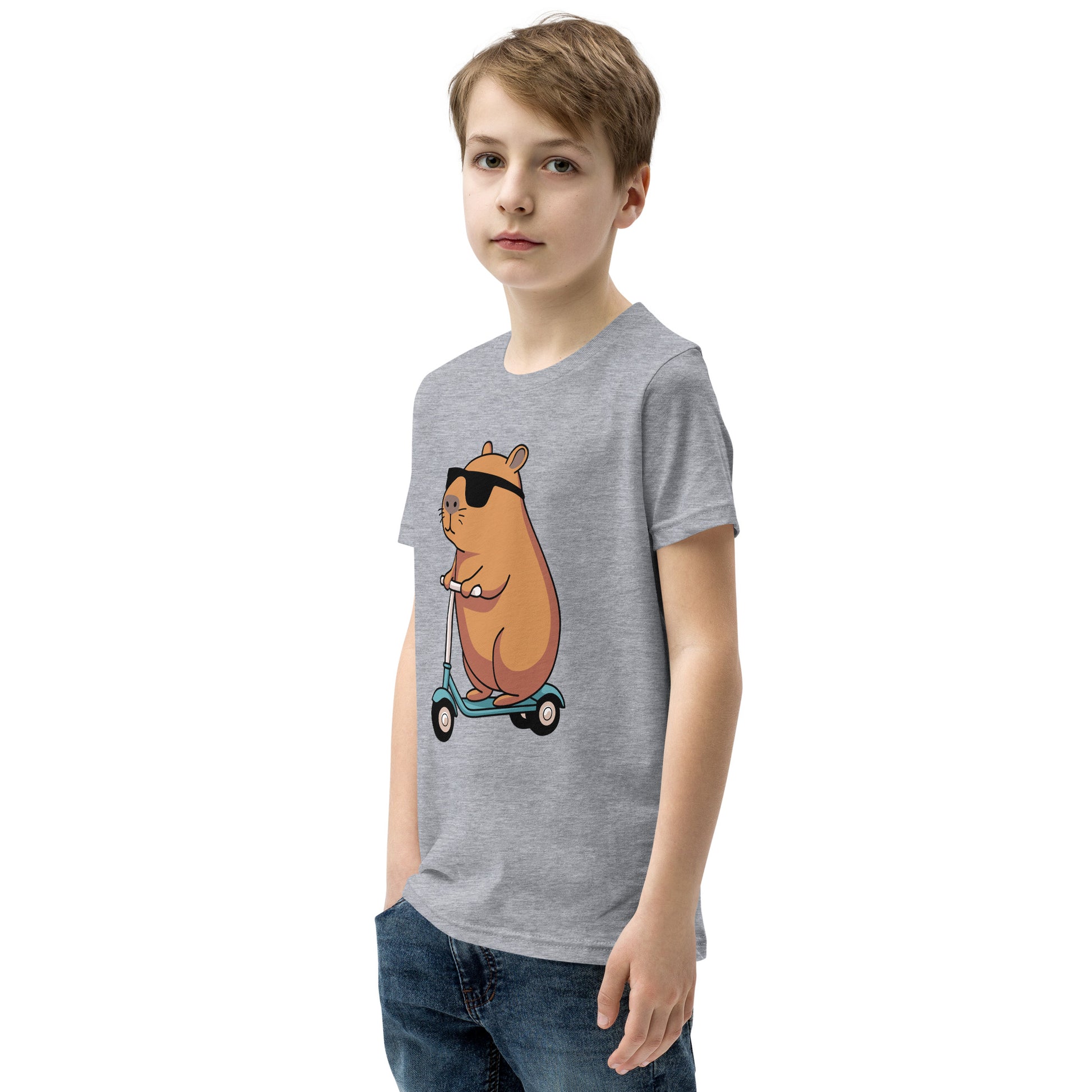 youth t-shirt featuring a capybara on a scooter wearing sunglasses