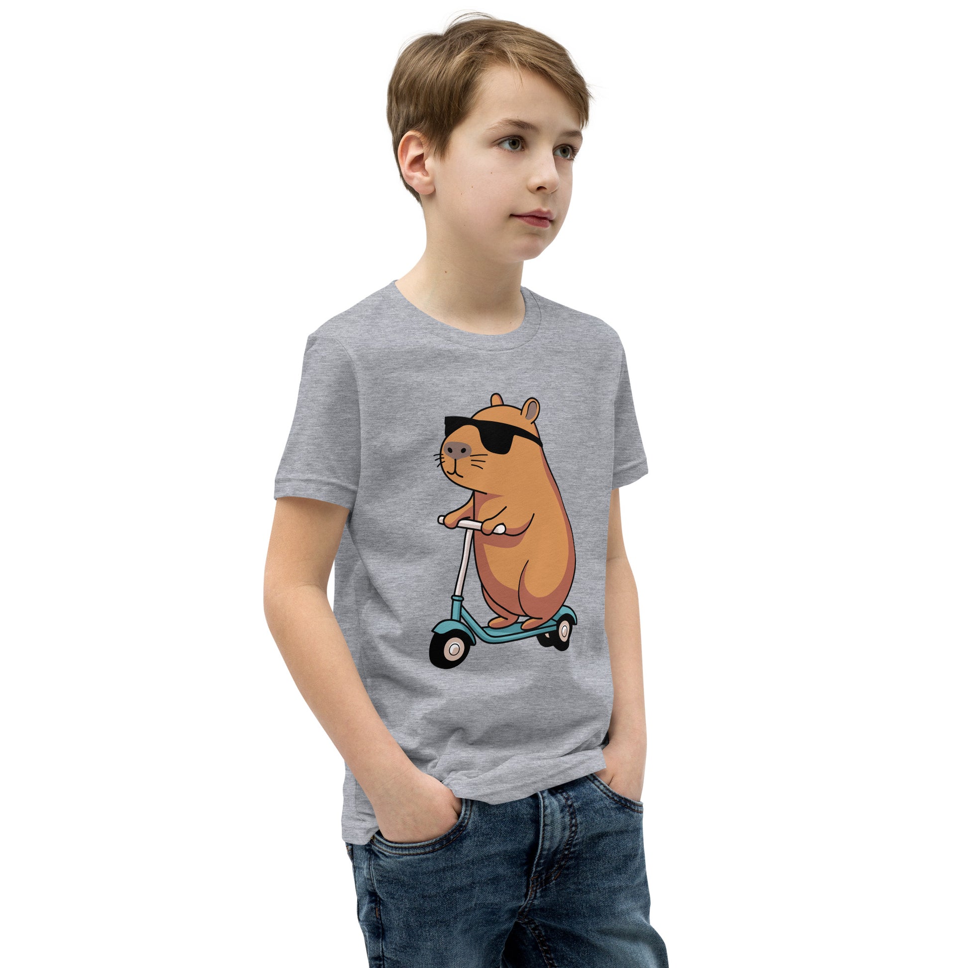 youth t-shirt featuring a capybara on a scooter wearing sunglasses