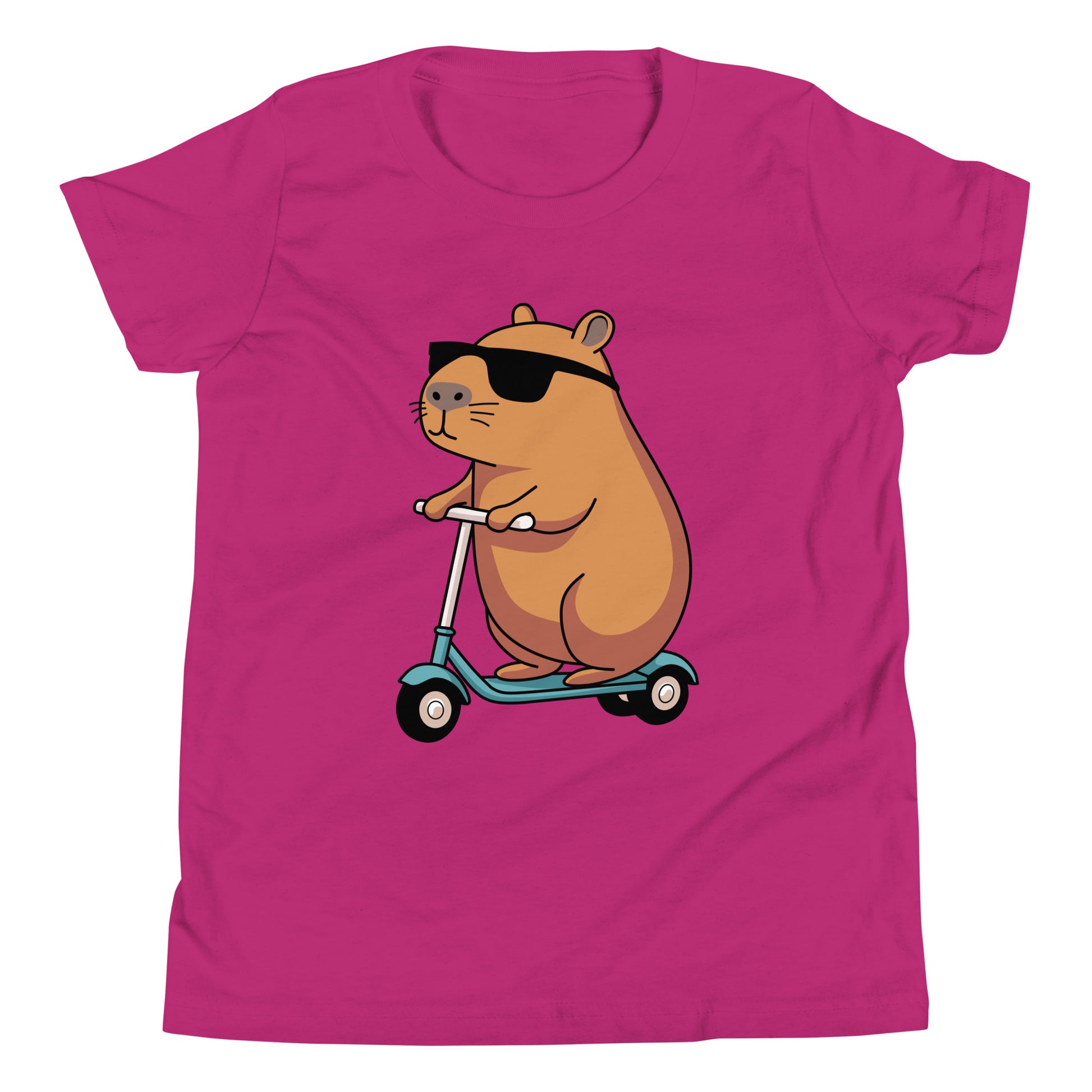 youth t-shirt featuring a capybara on a scooter wearing sunglasses