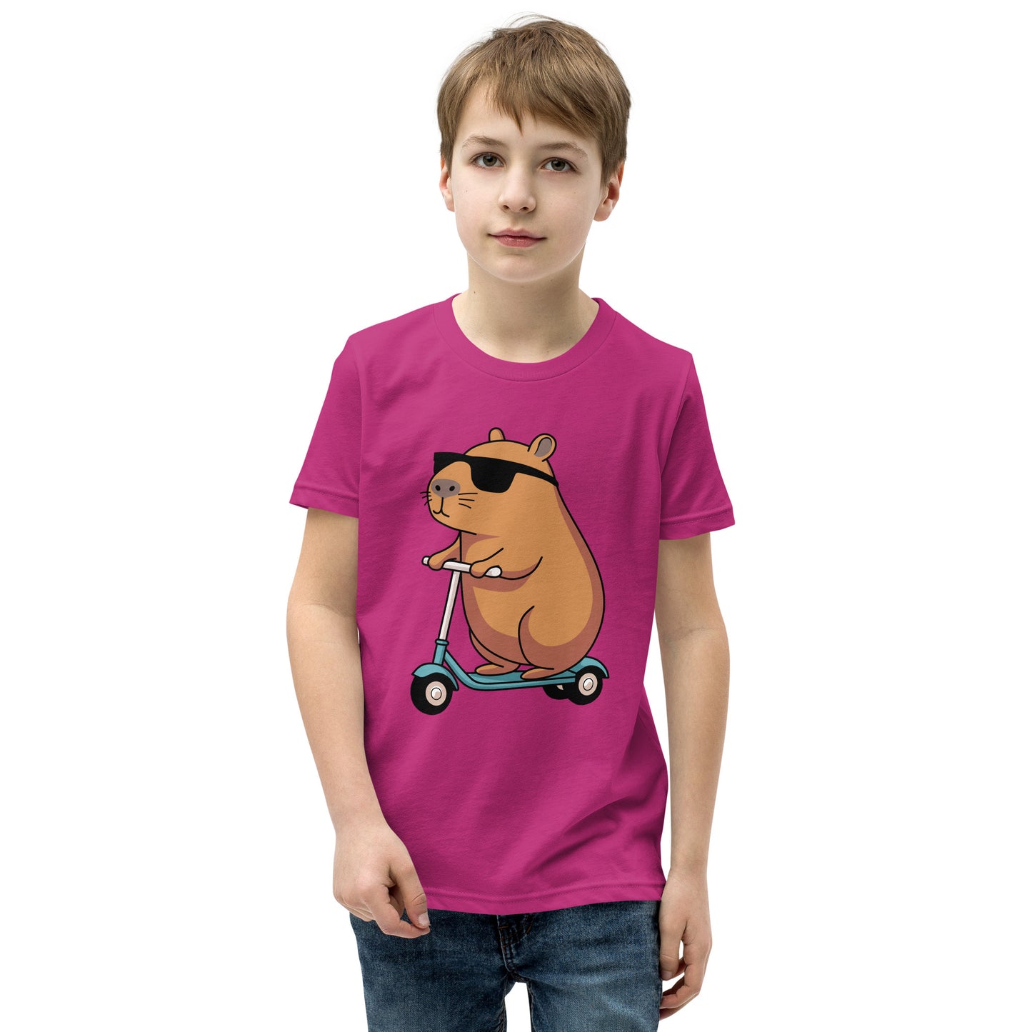 youth t-shirt featuring a capybara on a scooter wearing sunglasses