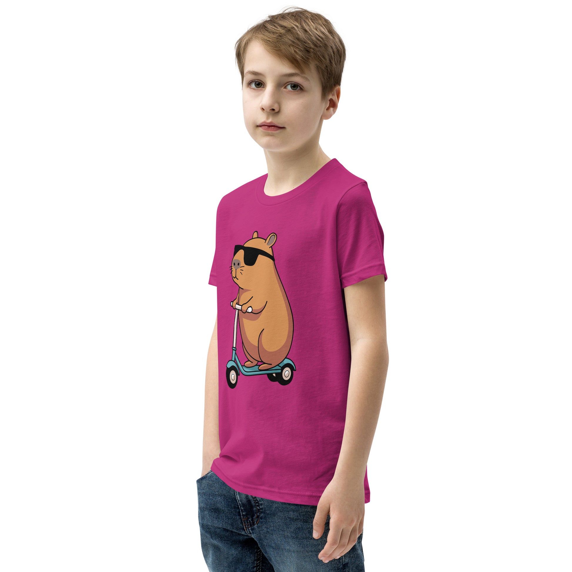 youth t-shirt featuring a capybara on a scooter wearing sunglasses