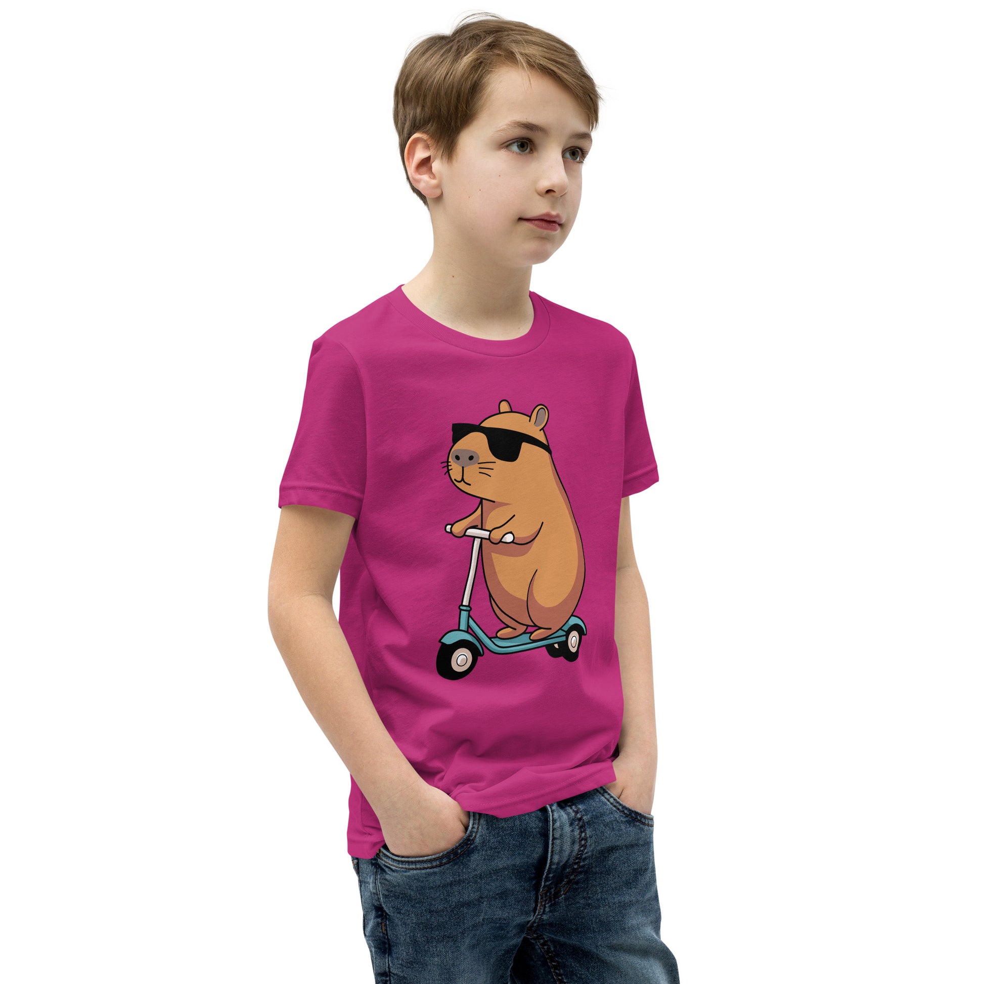 youth t-shirt featuring a capybara on a scooter wearing sunglasses