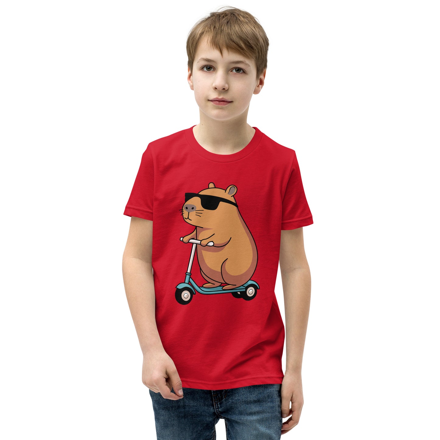 youth t-shirt featuring a capybara on a scooter wearing sunglasses