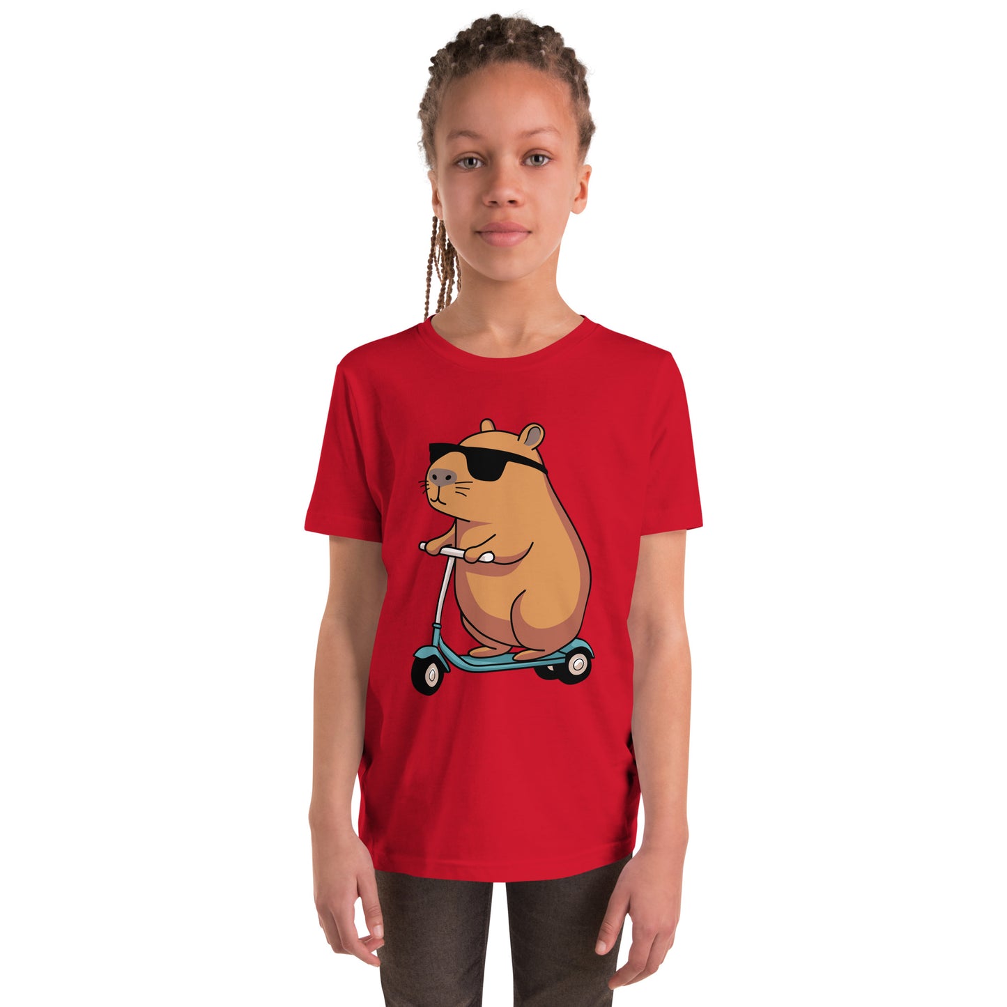 youth t-shirt featuring a capybara on a scooter wearing sunglasses