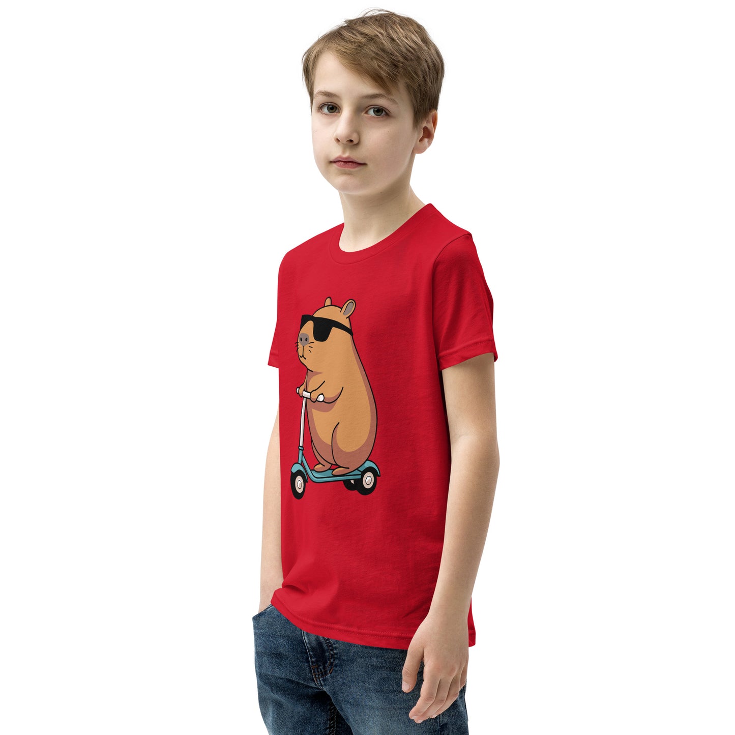 youth t-shirt featuring a capybara on a scooter wearing sunglasses