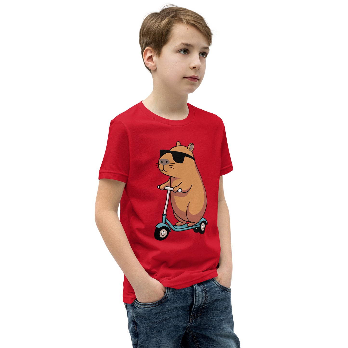 youth t-shirt featuring a capybara on a scooter wearing sunglasses