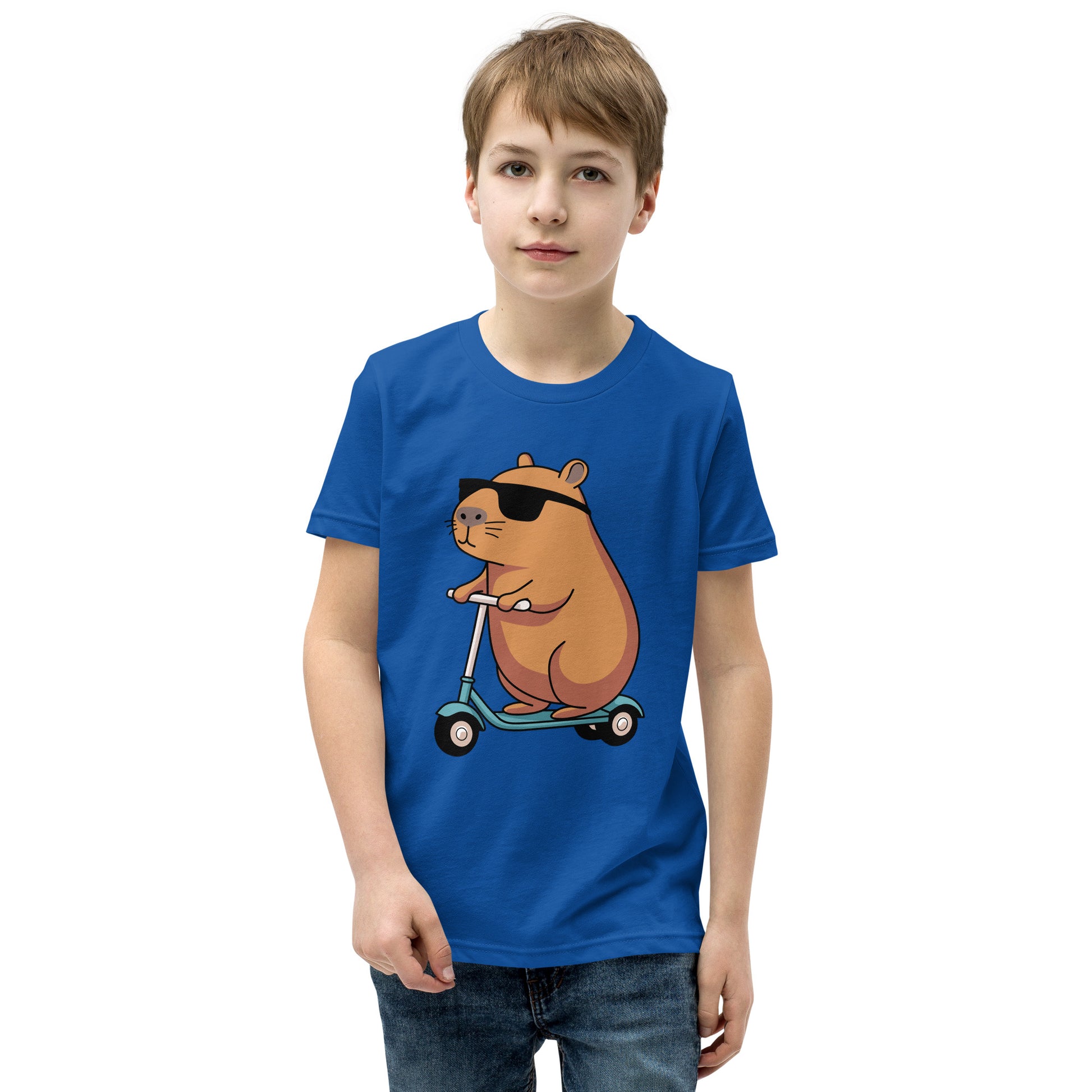 youth t-shirt featuring a capybara on a scooter wearing sunglasses