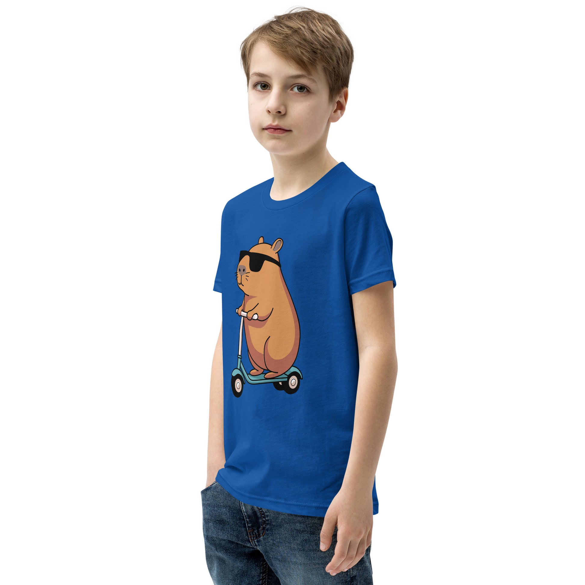 youth t-shirt featuring a capybara on a scooter wearing sunglasses