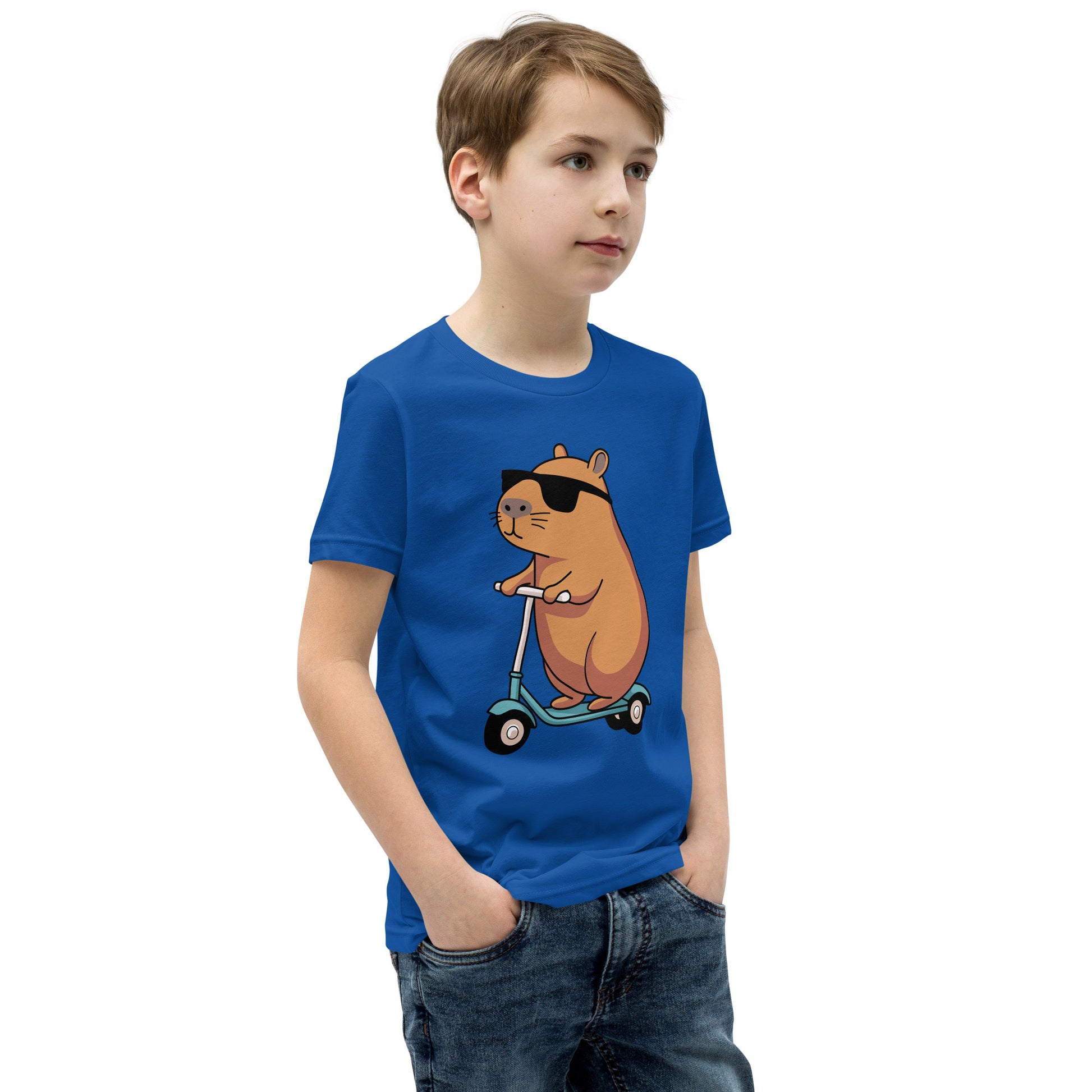 youth t-shirt featuring a capybara on a scooter wearing sunglasses