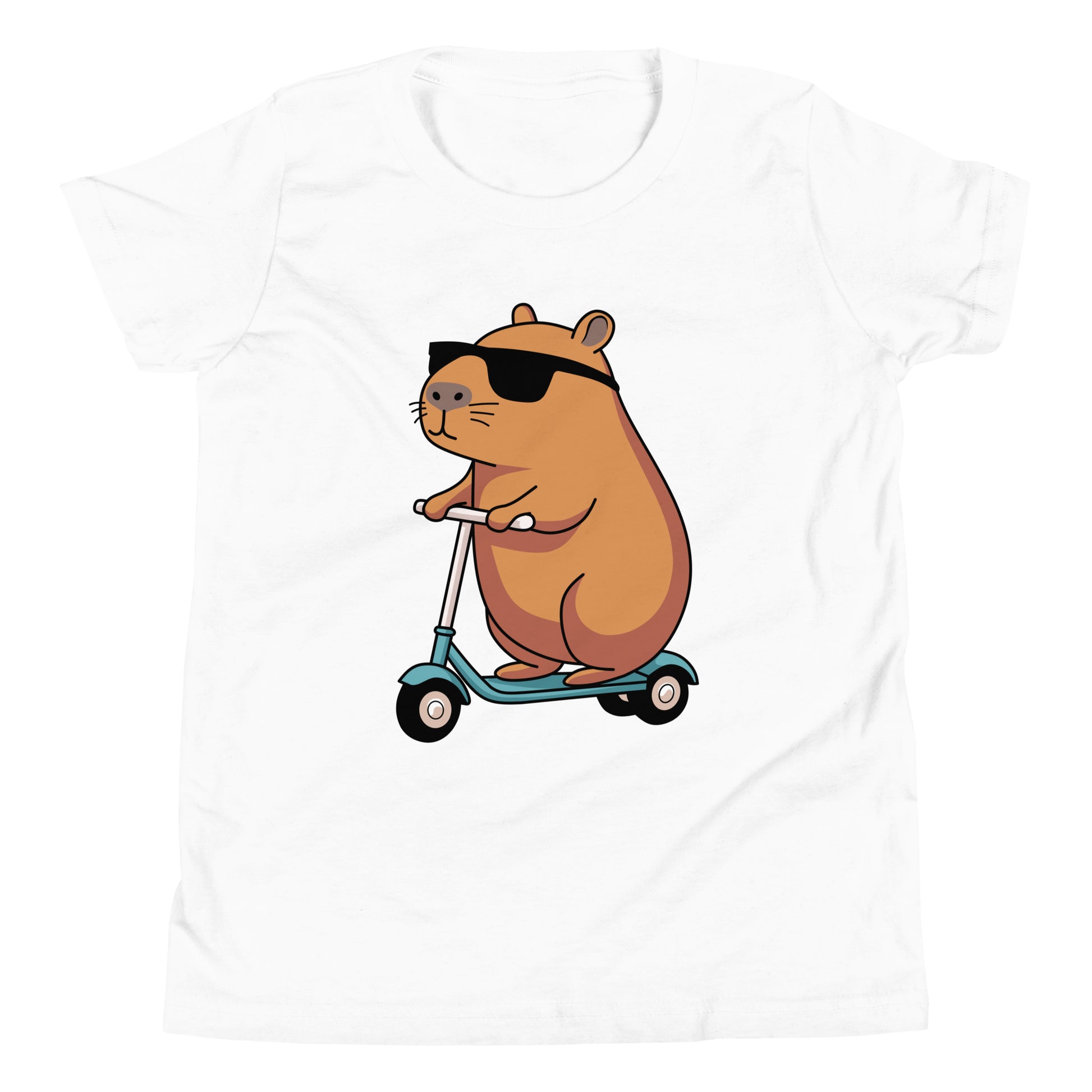 youth t-shirt featuring a capybara on a scooter wearing sunglasses