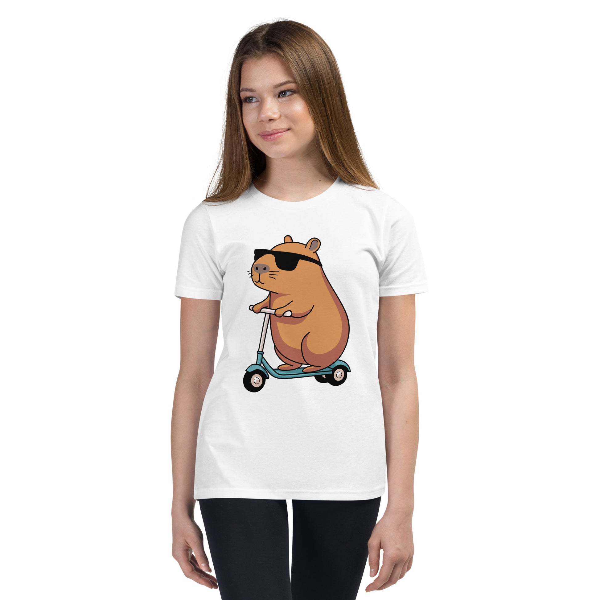 youth t-shirt featuring a capybara on a scooter wearing sunglasses