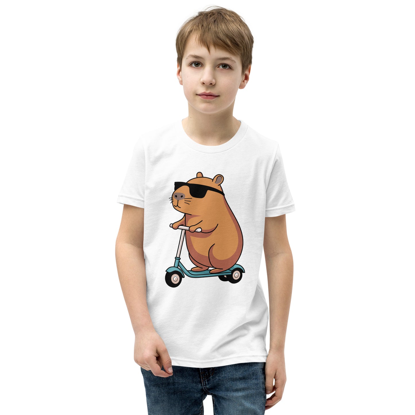 youth t-shirt featuring a capybara on a scooter wearing sunglasses