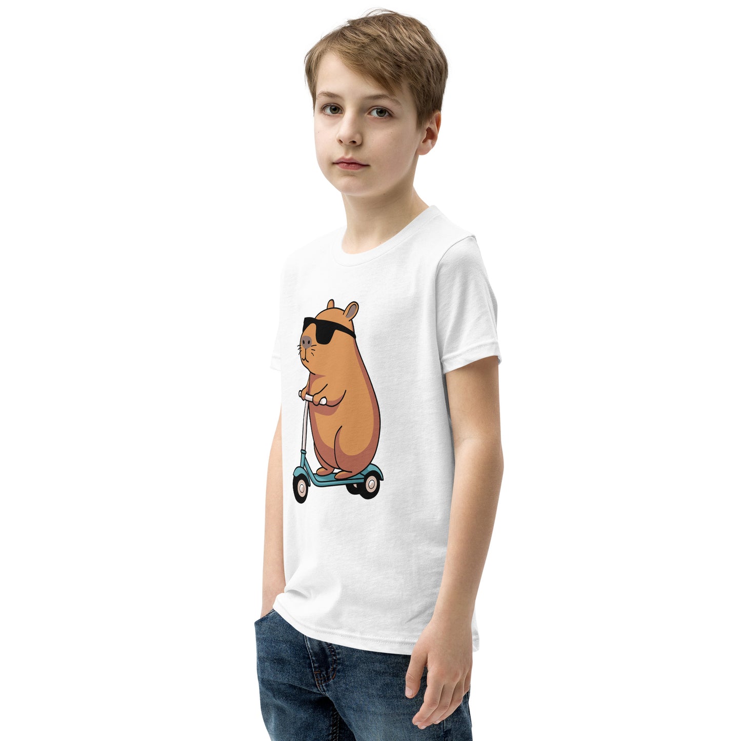 youth t-shirt featuring a capybara on a scooter wearing sunglasses