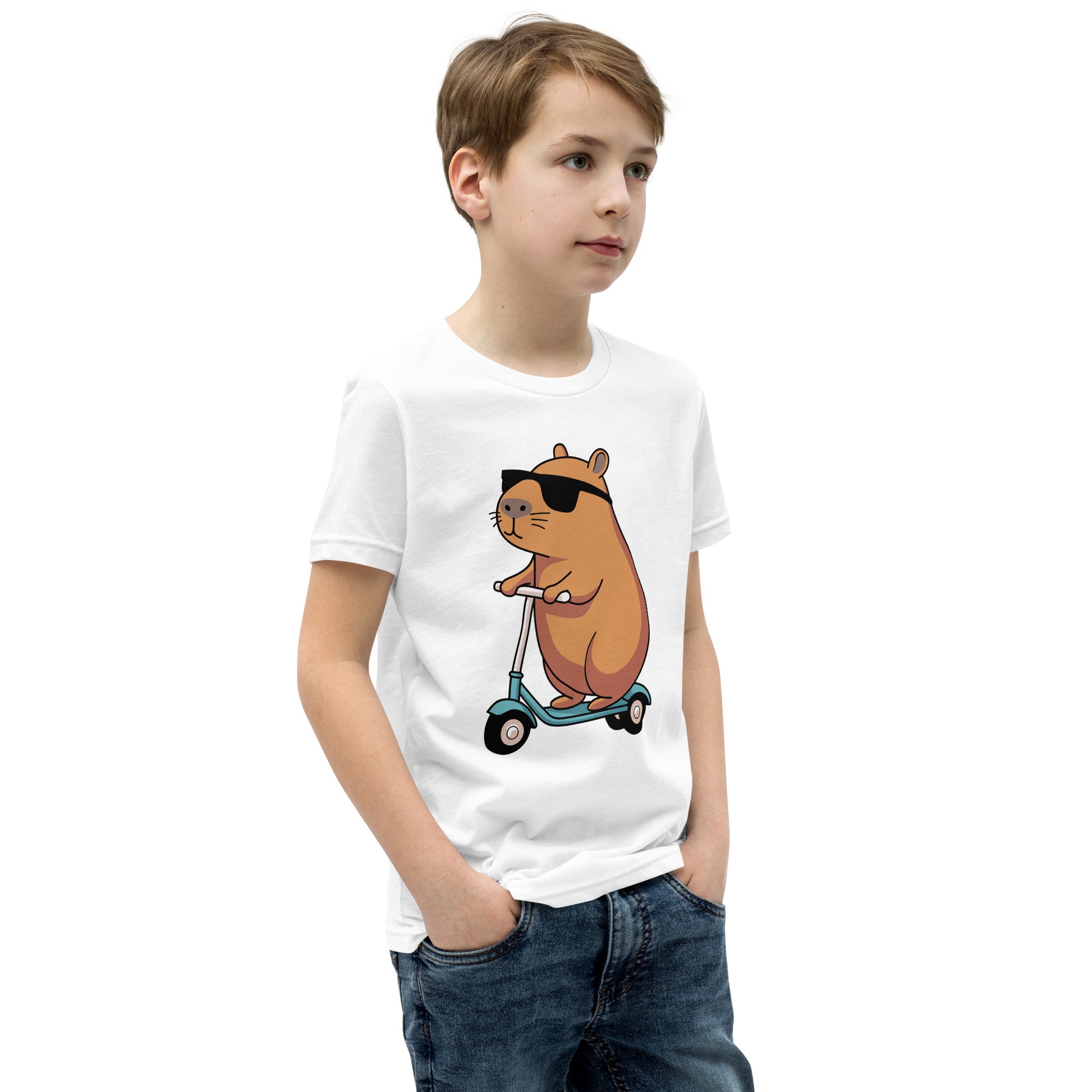 youth t-shirt featuring a capybara on a scooter wearing sunglasses