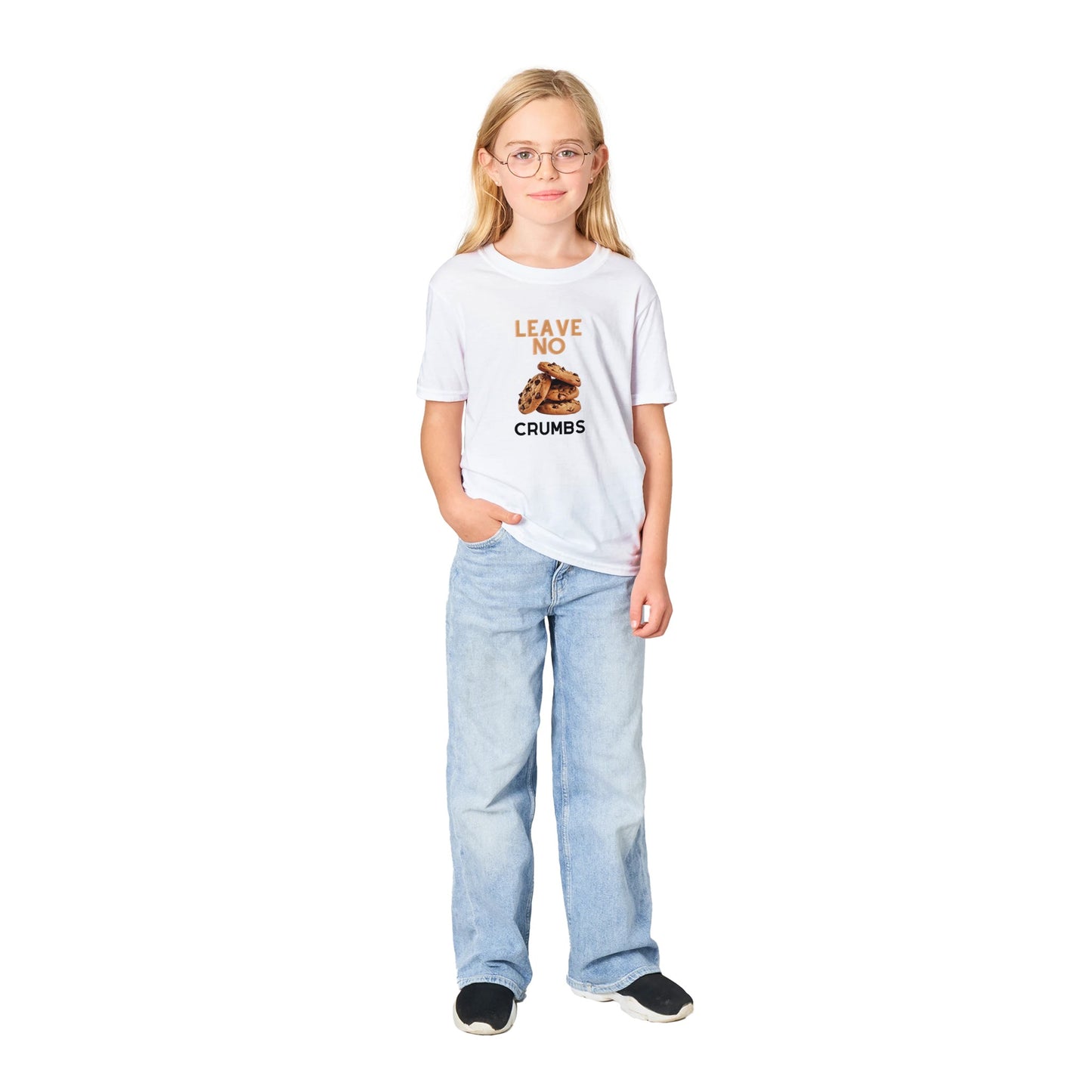 Youth Leave No Crumbs t-shirt in white with one blond youth wearing it

