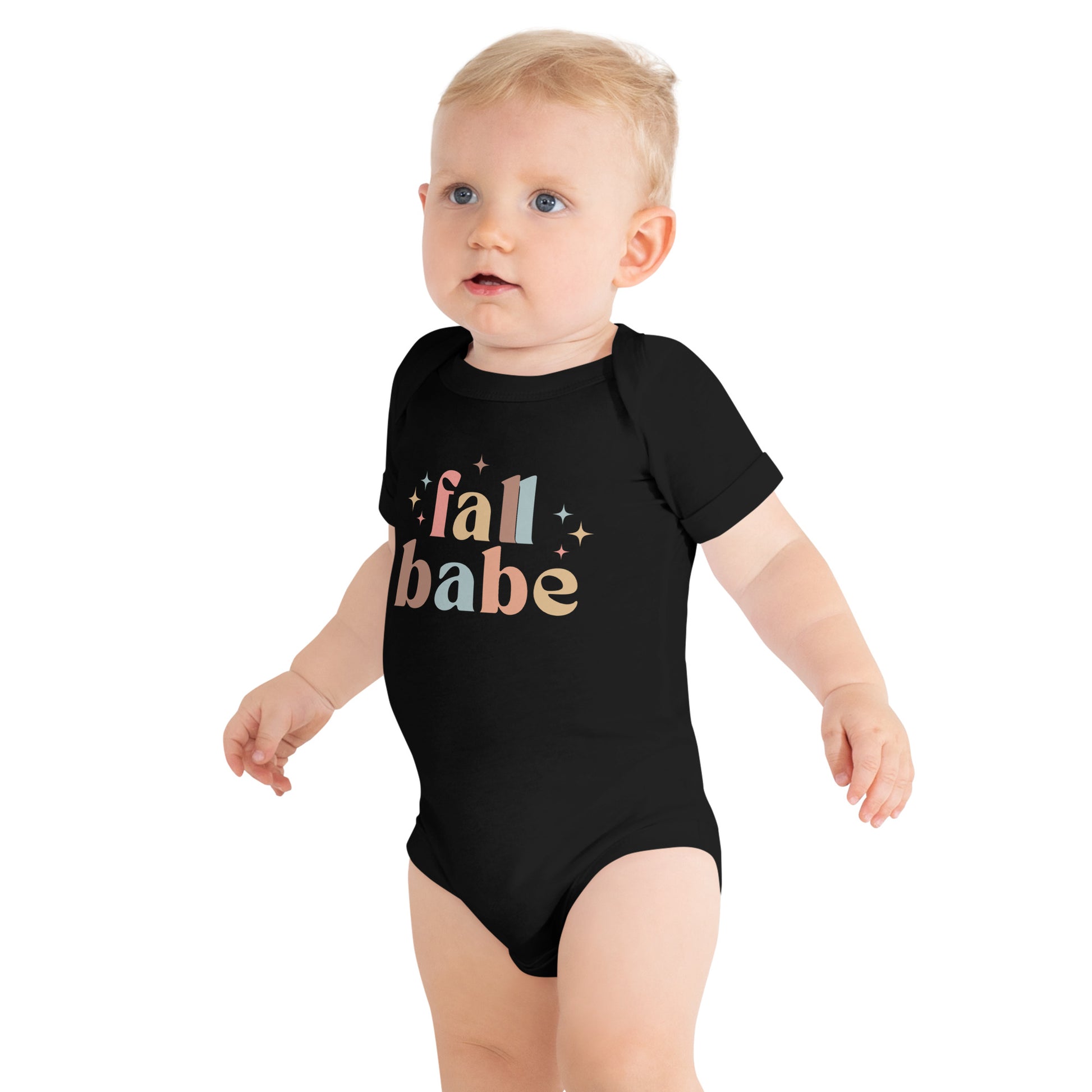 baby onesie with 'fall babe' text design in autumn colors