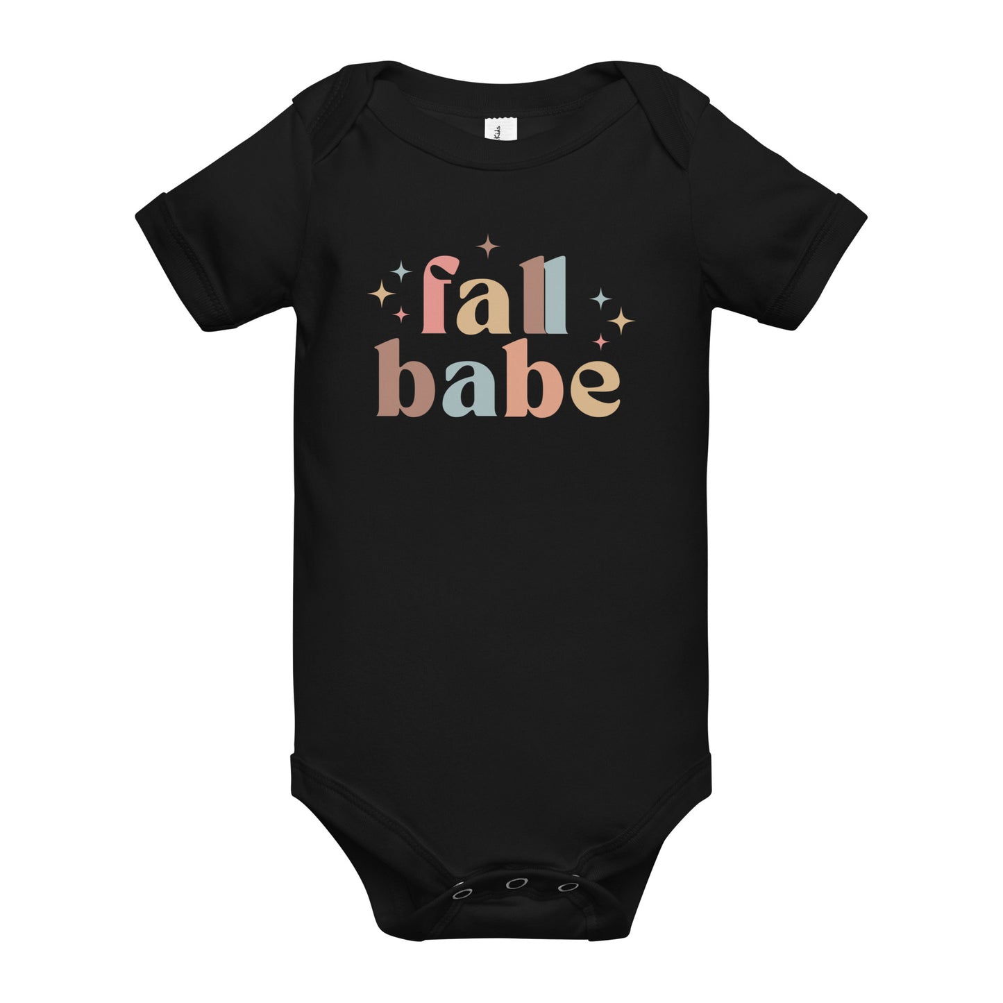 baby onesie with 'fall babe' text design in autumn colors
