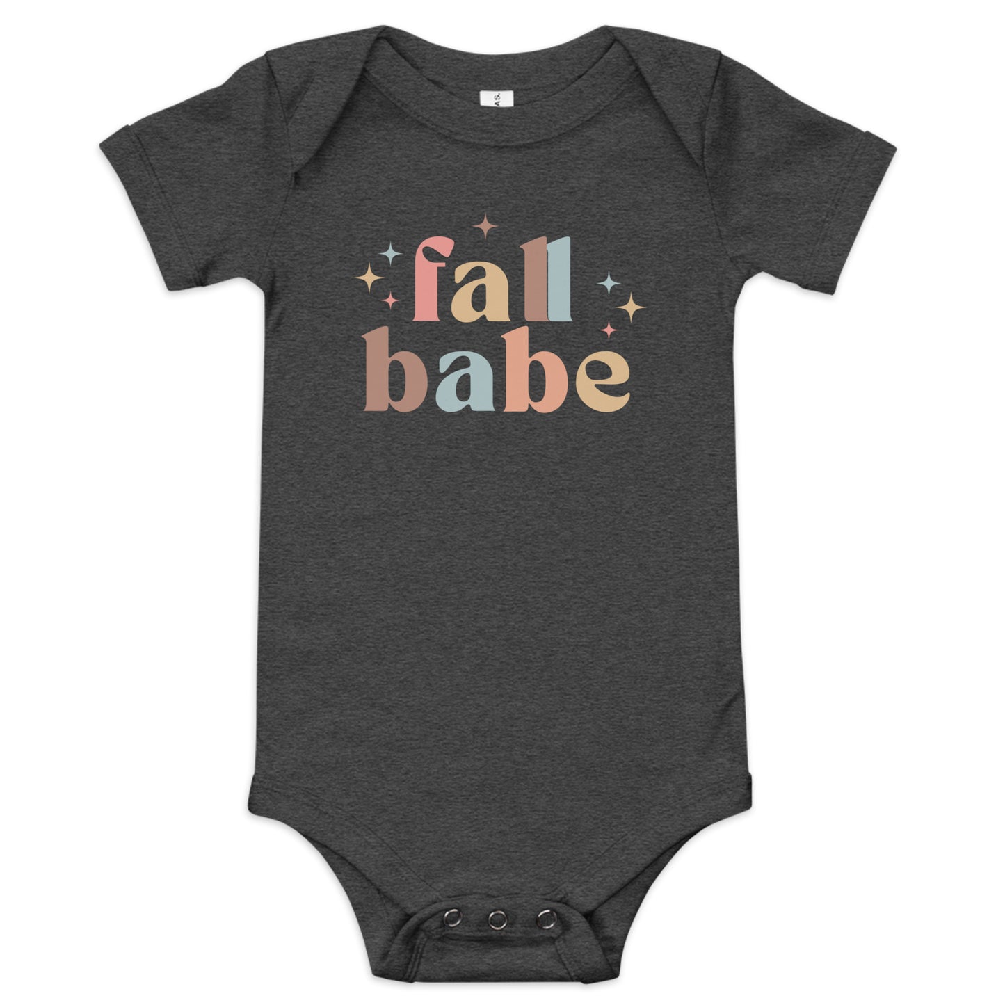baby onesie with 'fall babe' text design in autumn colors