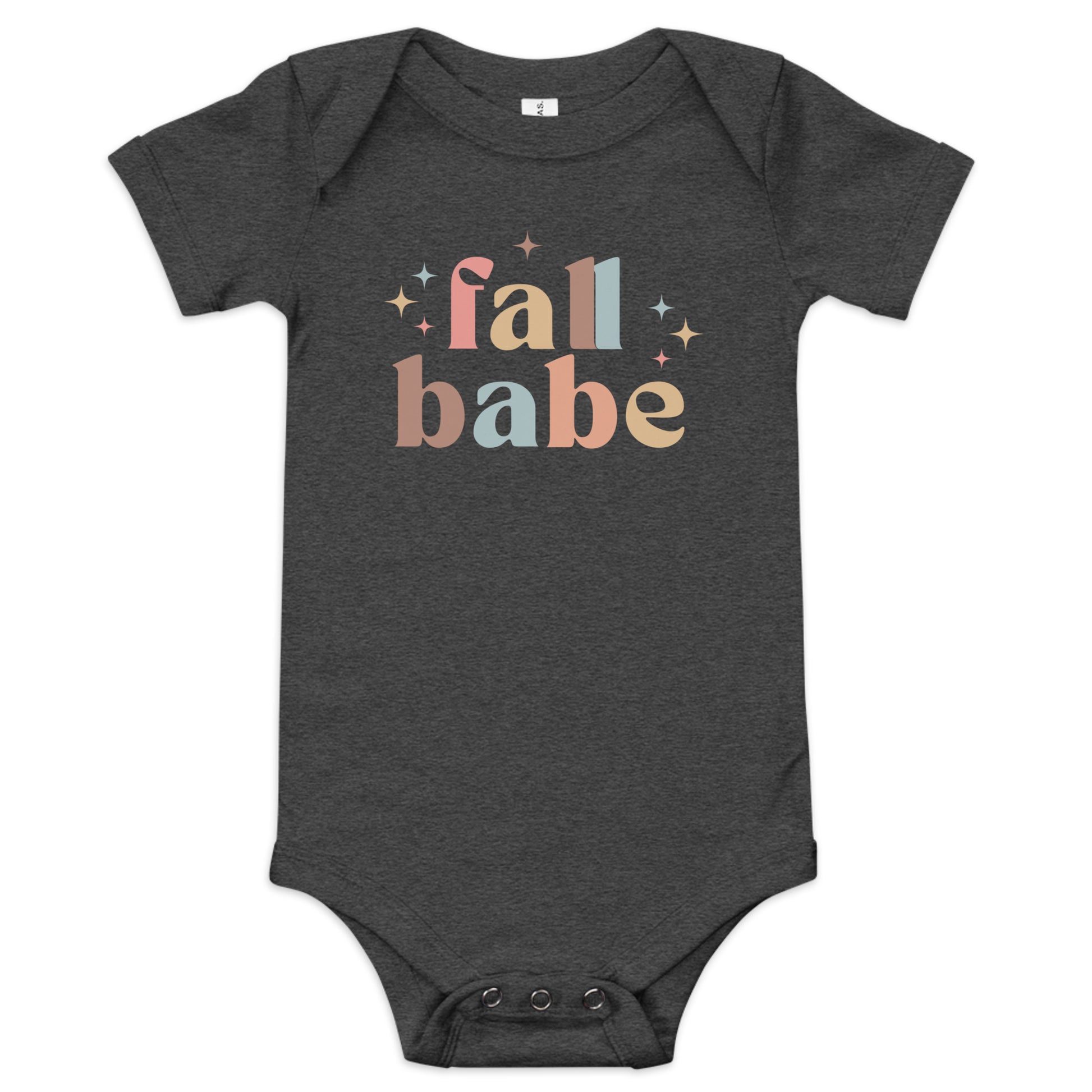 baby onesie with 'fall babe' text design in autumn colors