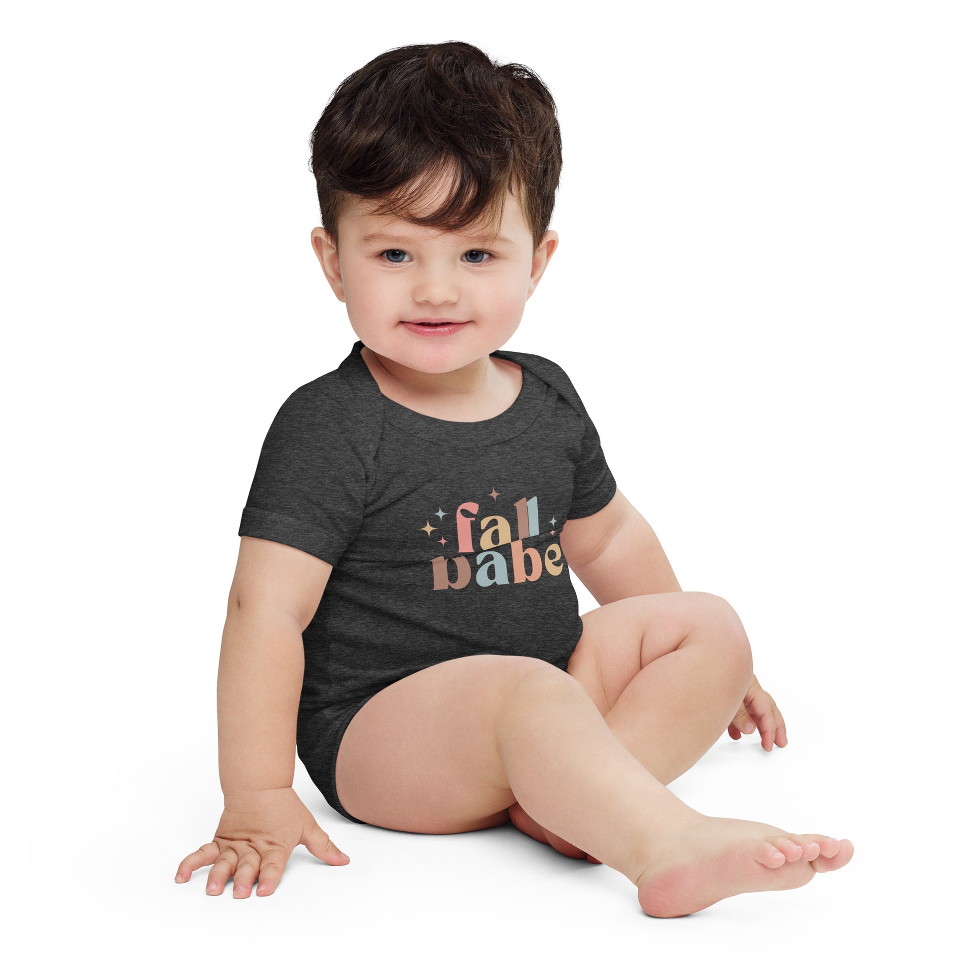 baby onesie with 'fall babe' text design in autumn colors