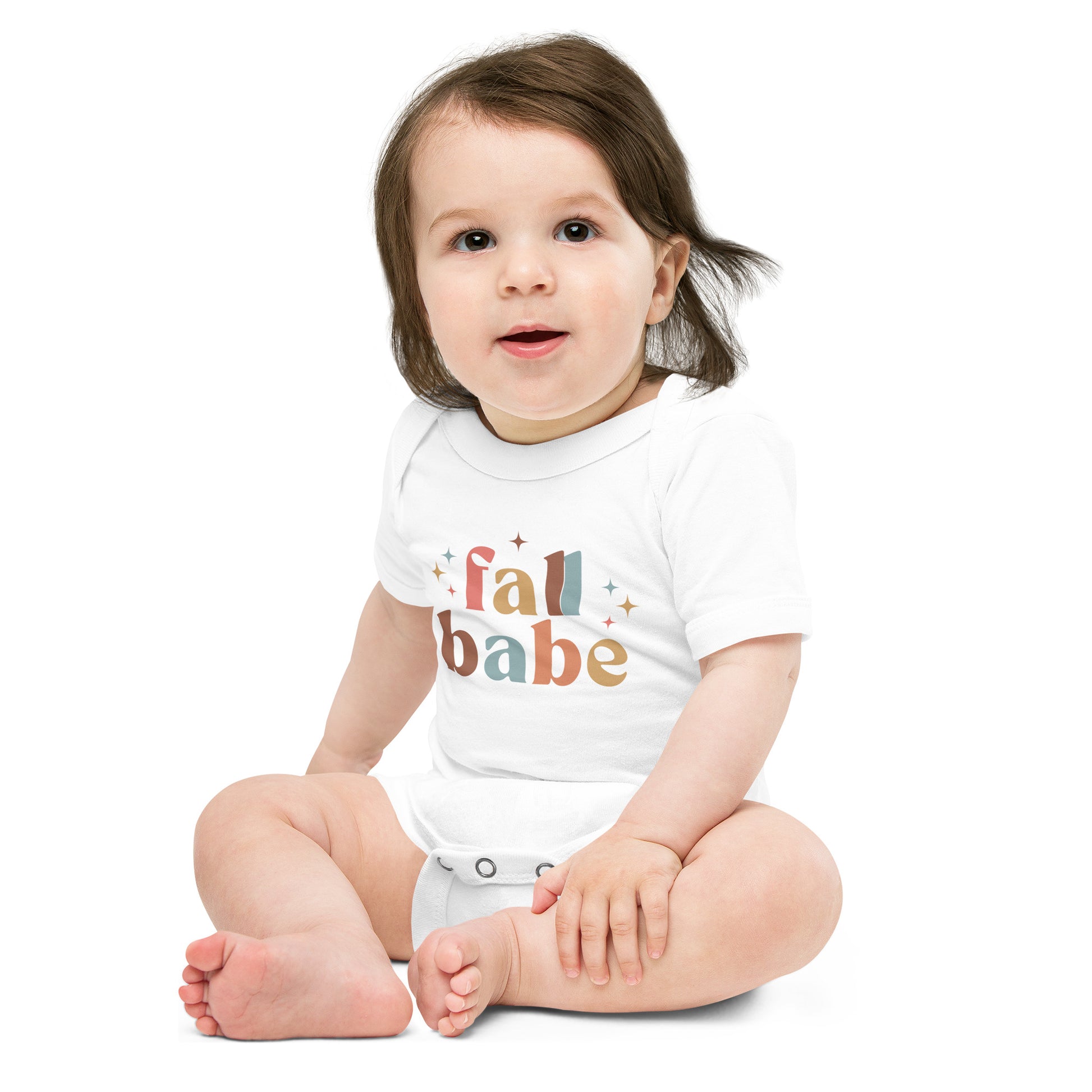 baby onesie with 'fall babe' text design in autumn colors