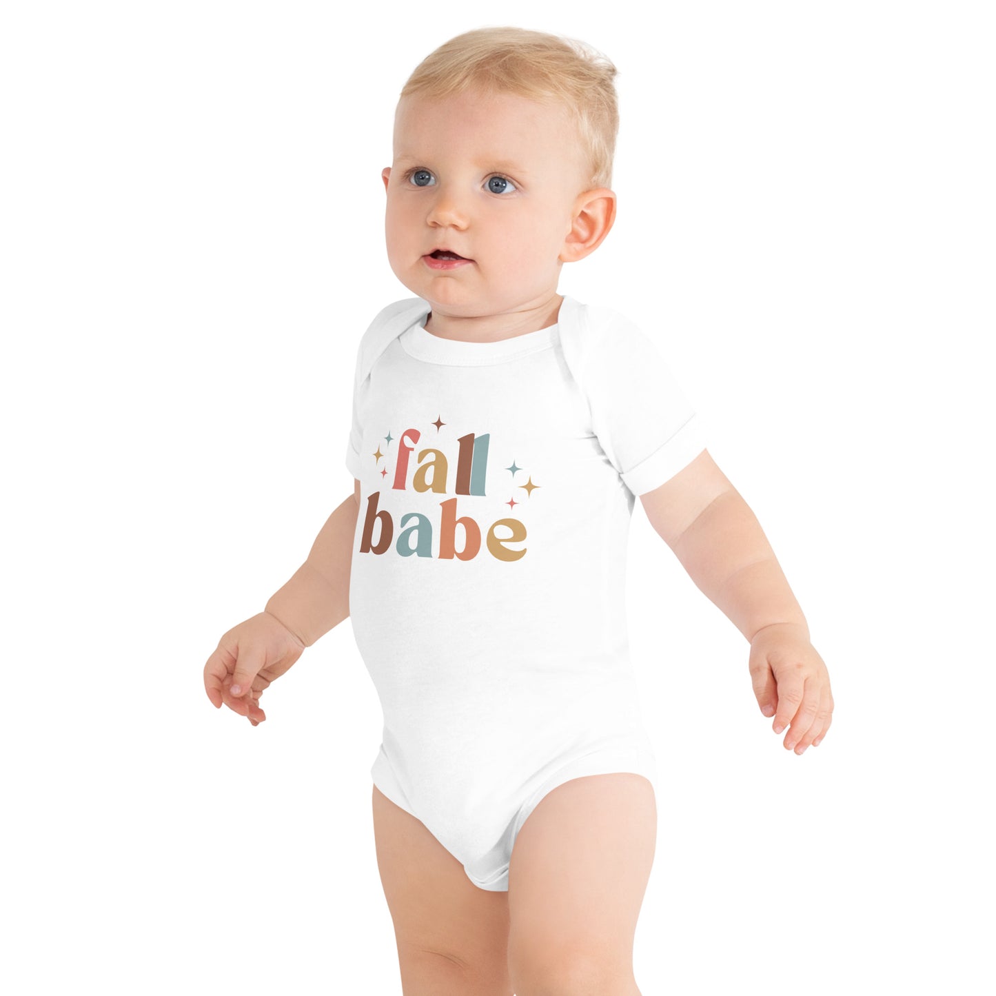 baby onesie with 'fall babe' text design in autumn colors