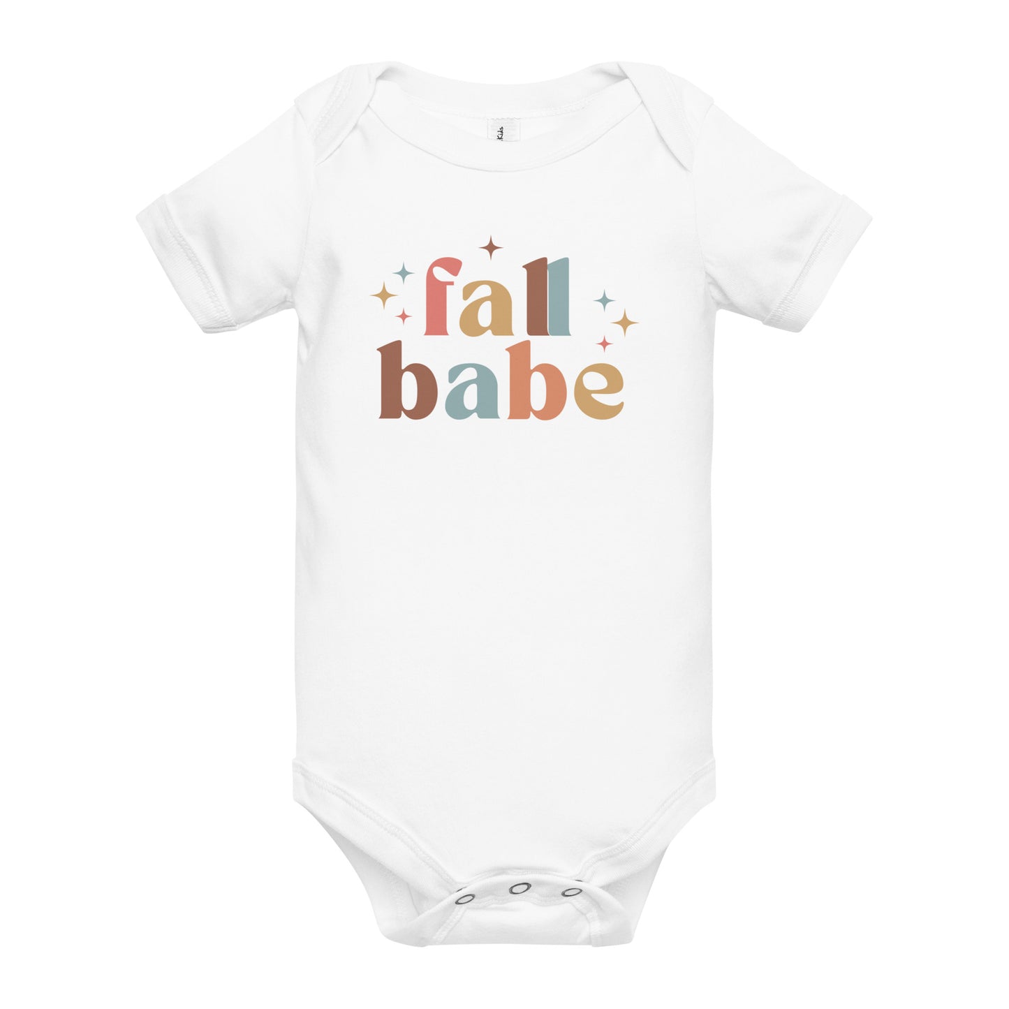 baby onesie with 'fall babe' text design in autumn colors