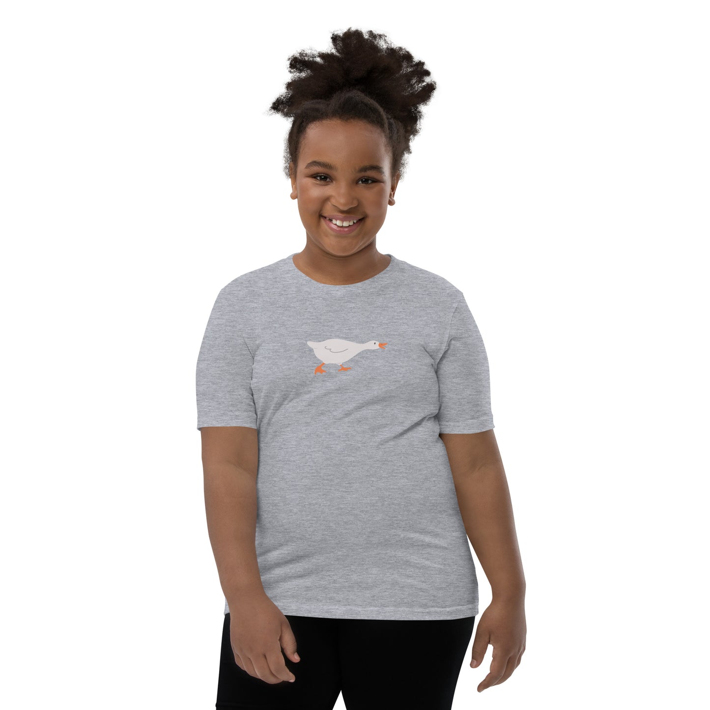 Goose Game Youth T-Shirt with running white goose graphic on soft cotton fabric