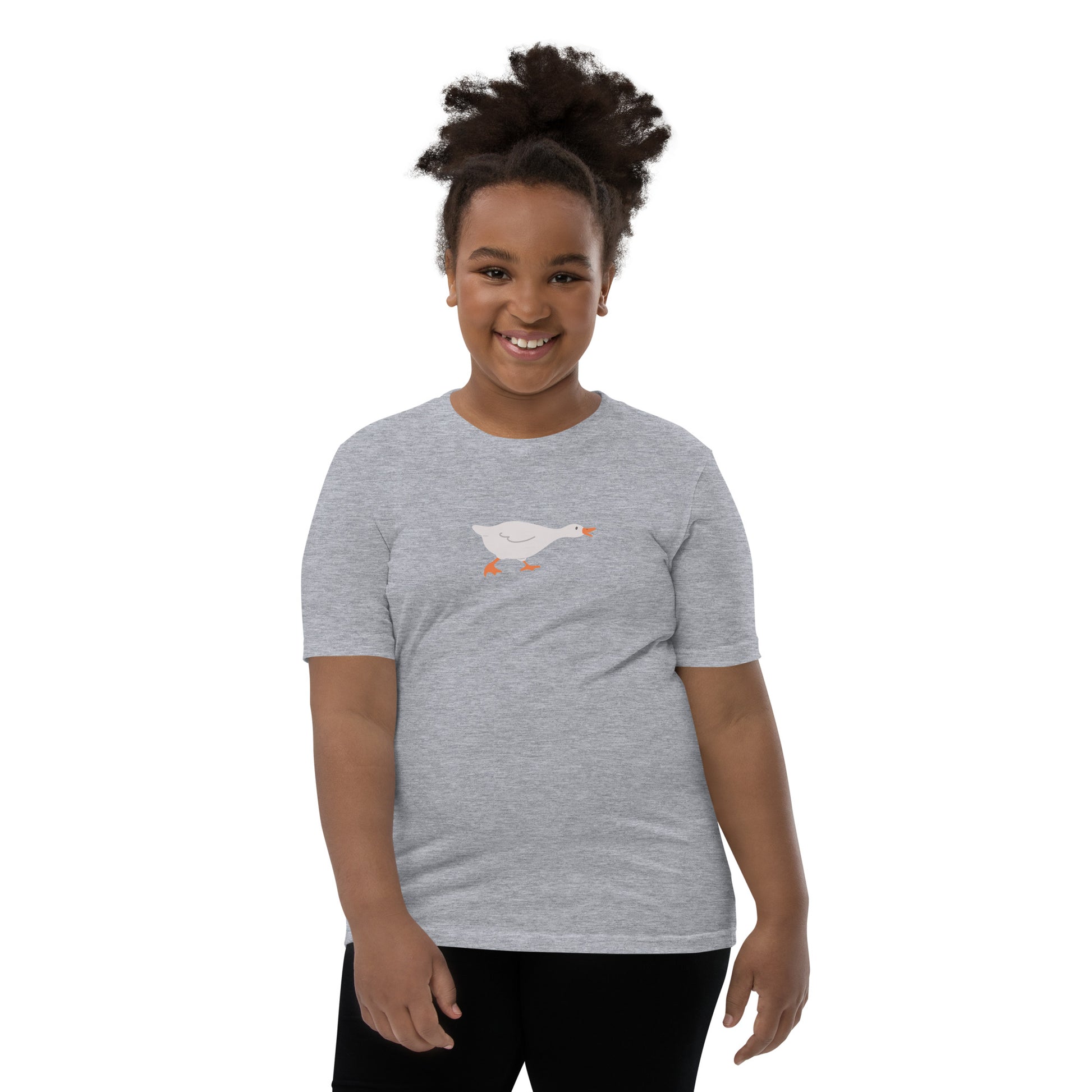 Goose Game Youth T-Shirt with running white goose graphic on soft cotton fabric