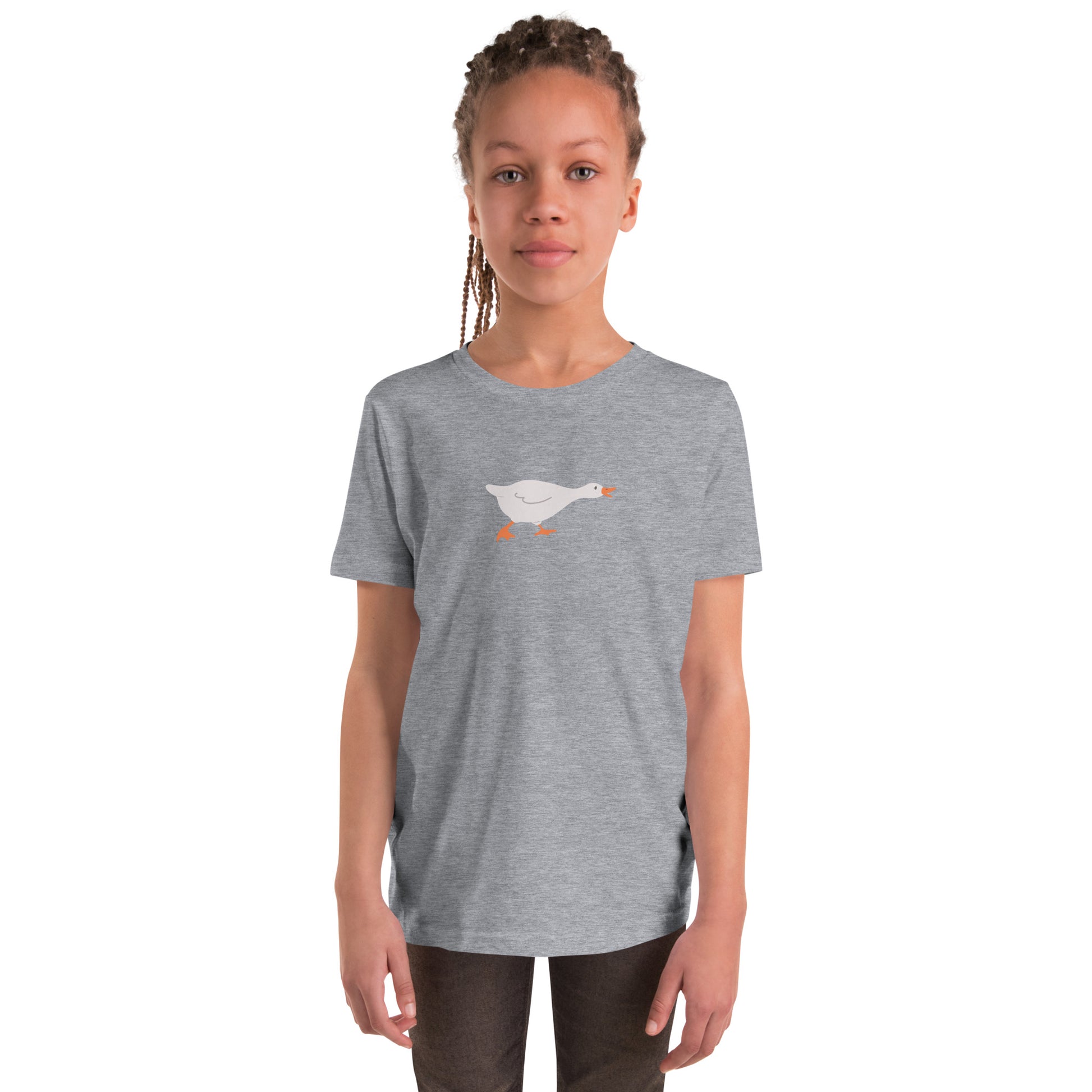 Goose Game Youth T-Shirt with running white goose graphic on soft cotton fabric
