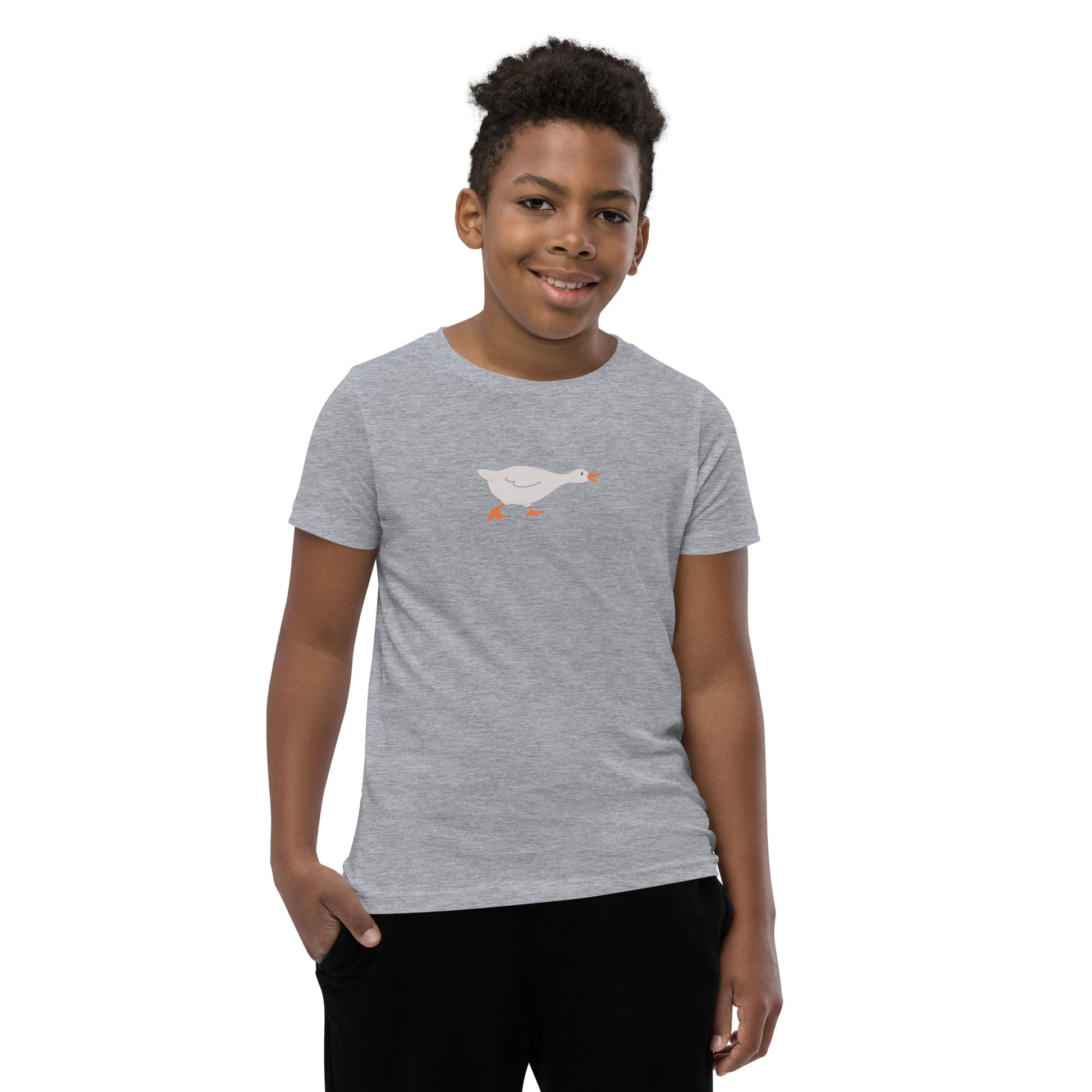 Goose Game Youth T-Shirt with running white goose graphic on soft cotton fabric
