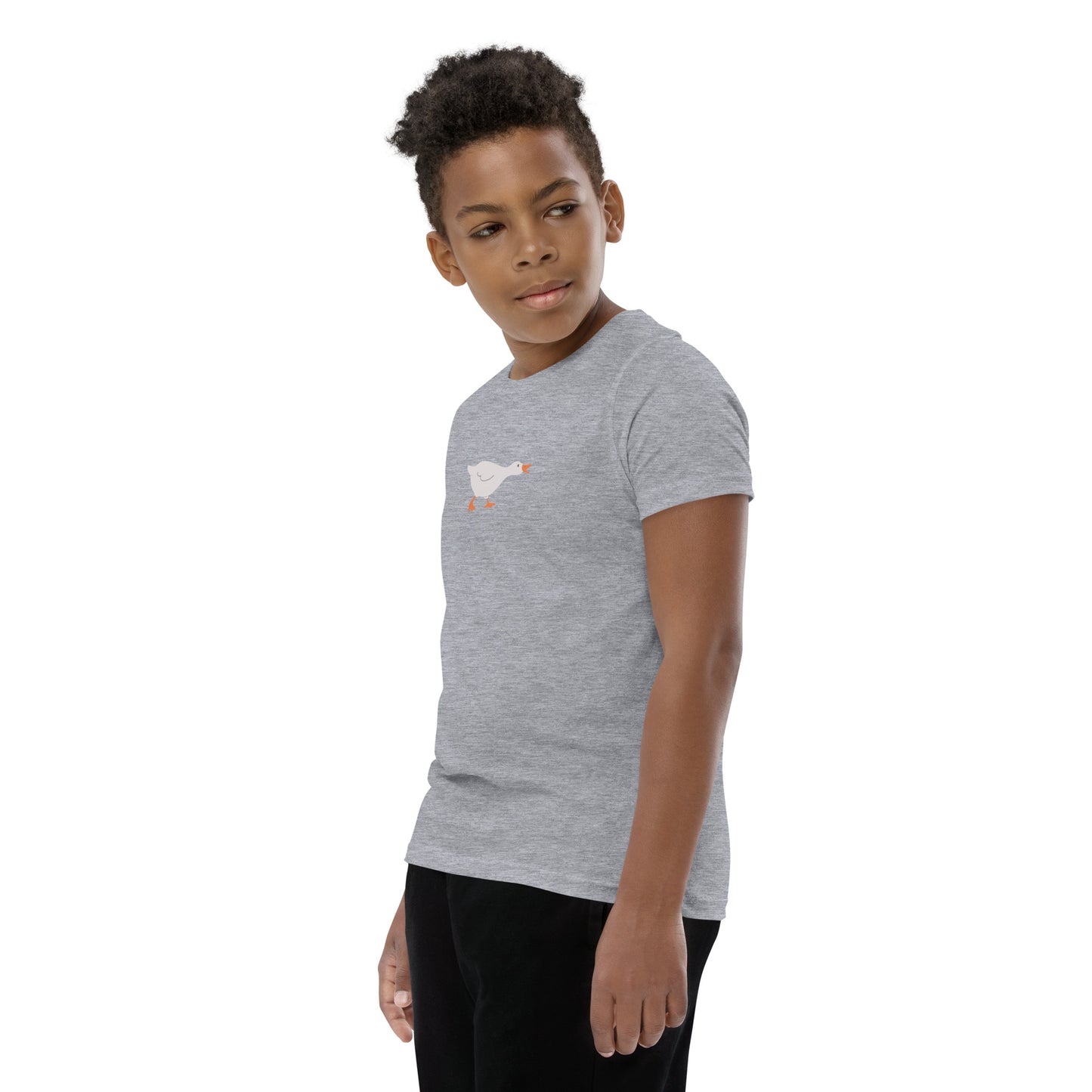 Goose Game Youth T-Shirt with running white goose graphic on soft cotton fabric