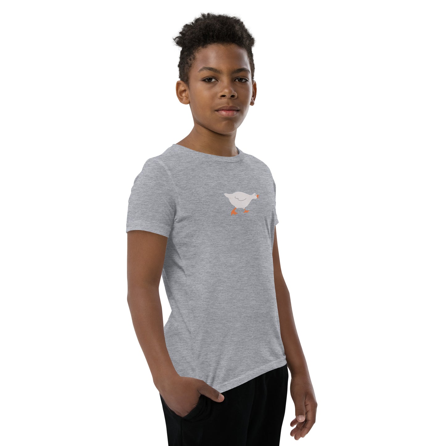 Goose Game Youth T-Shirt with running white goose graphic on soft cotton fabric