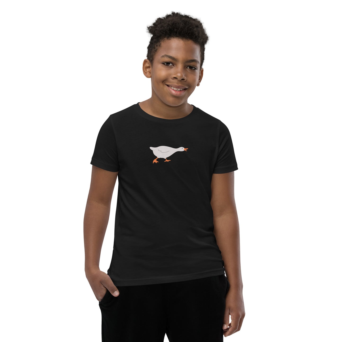 Goose Game Youth T-Shirt with running white goose graphic on soft cotton fabric