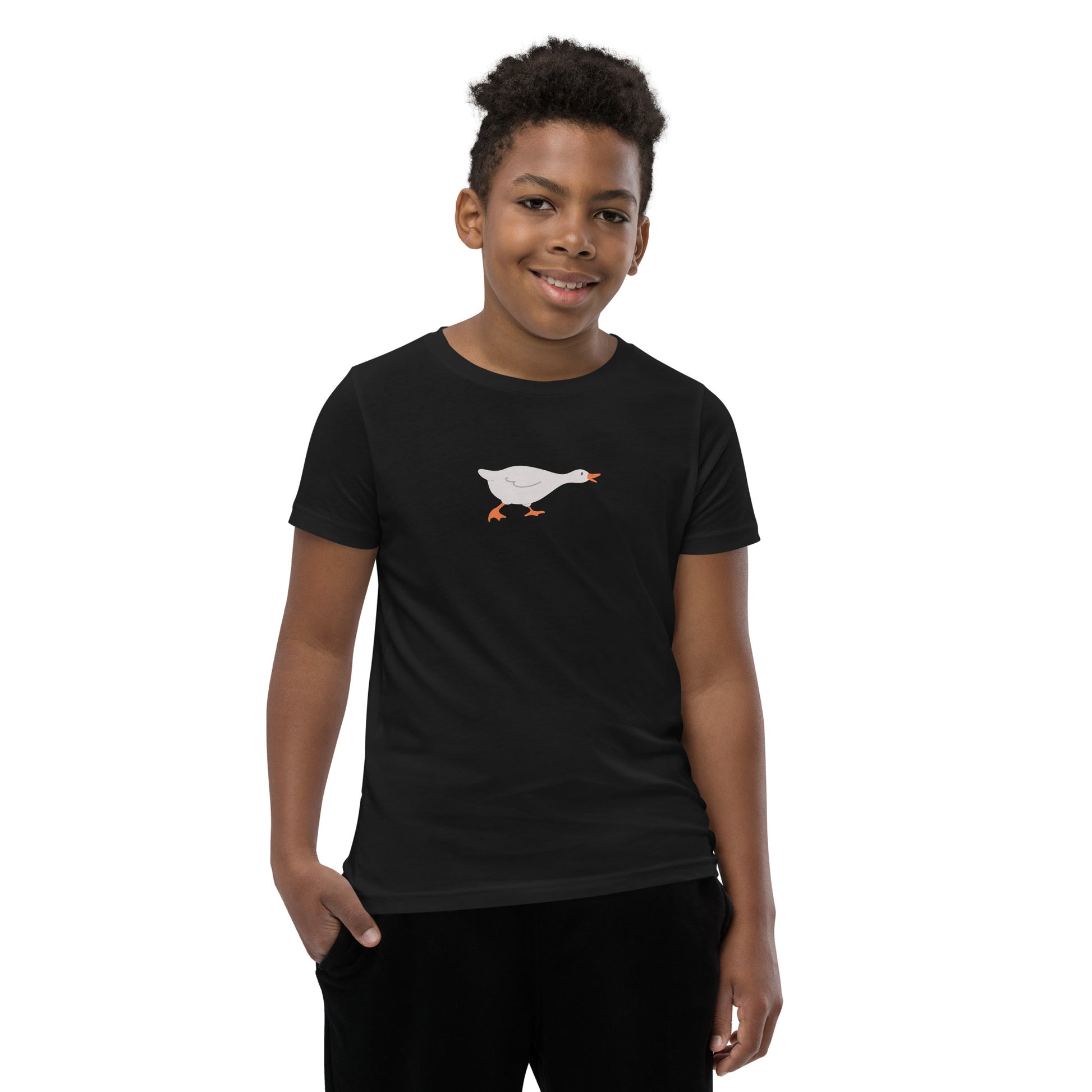 Goose Game Youth T-Shirt with running white goose graphic on soft cotton fabric