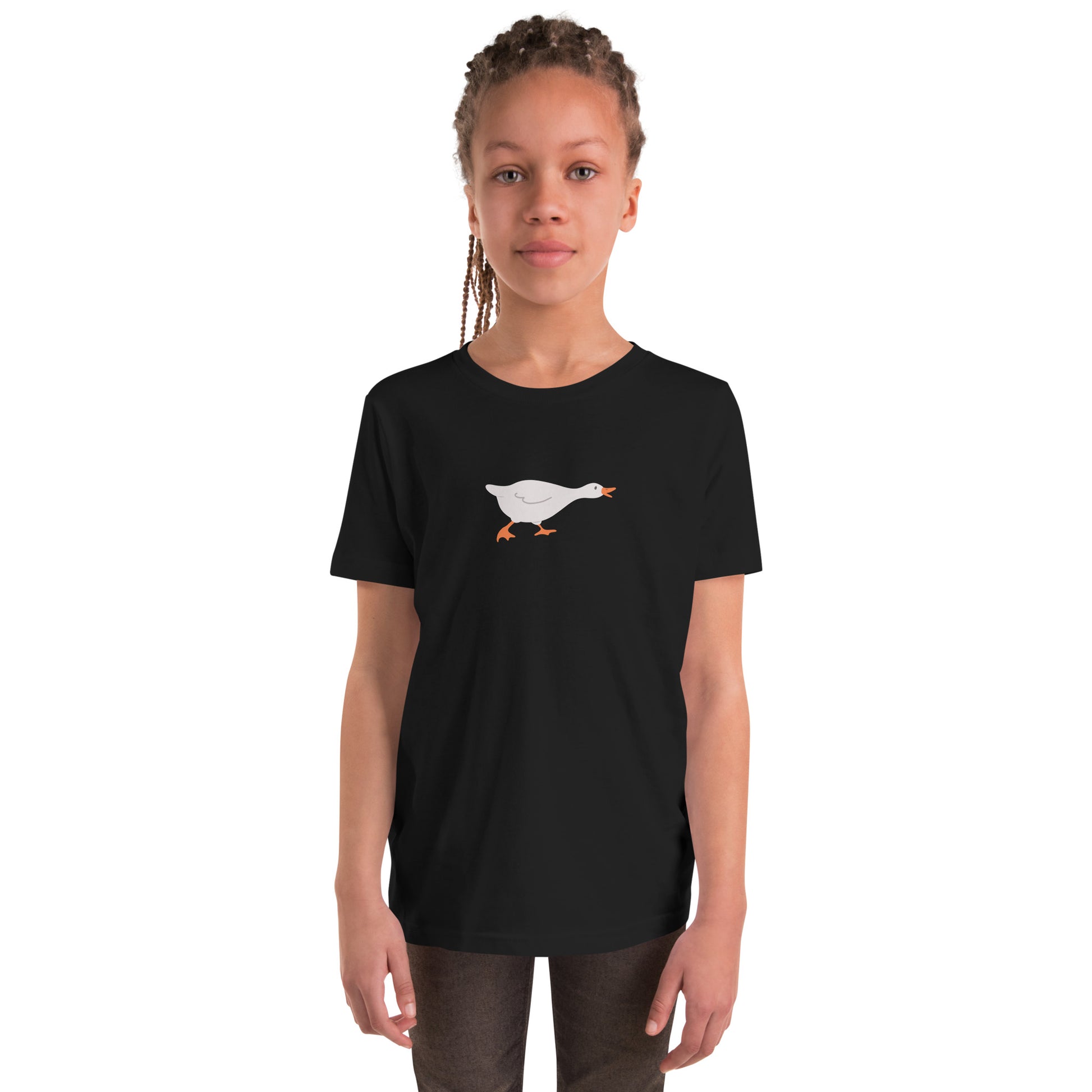 Goose Game Youth T-Shirt with running white goose graphic on soft cotton fabric