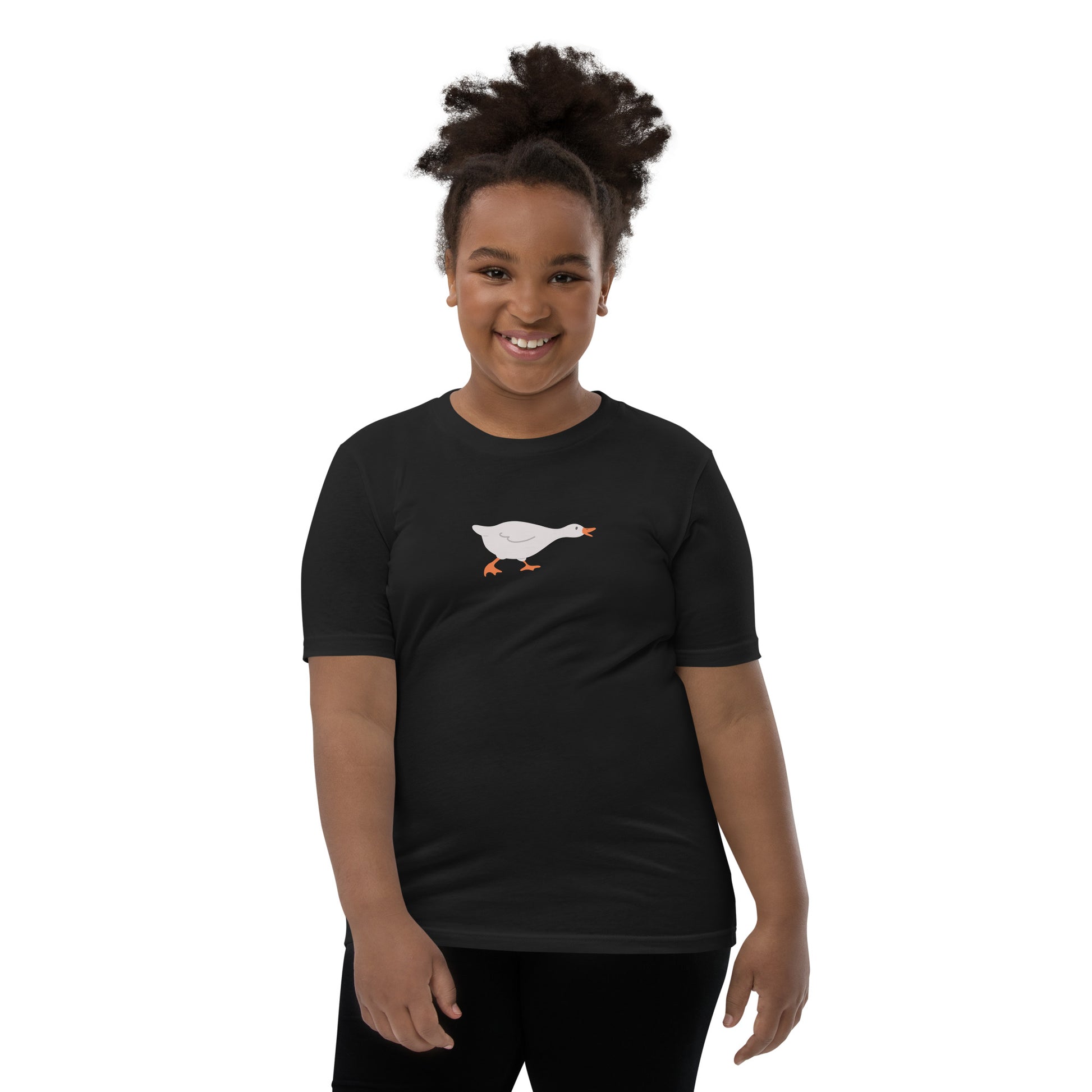 Goose Game Youth T-Shirt with running white goose graphic on soft cotton fabric