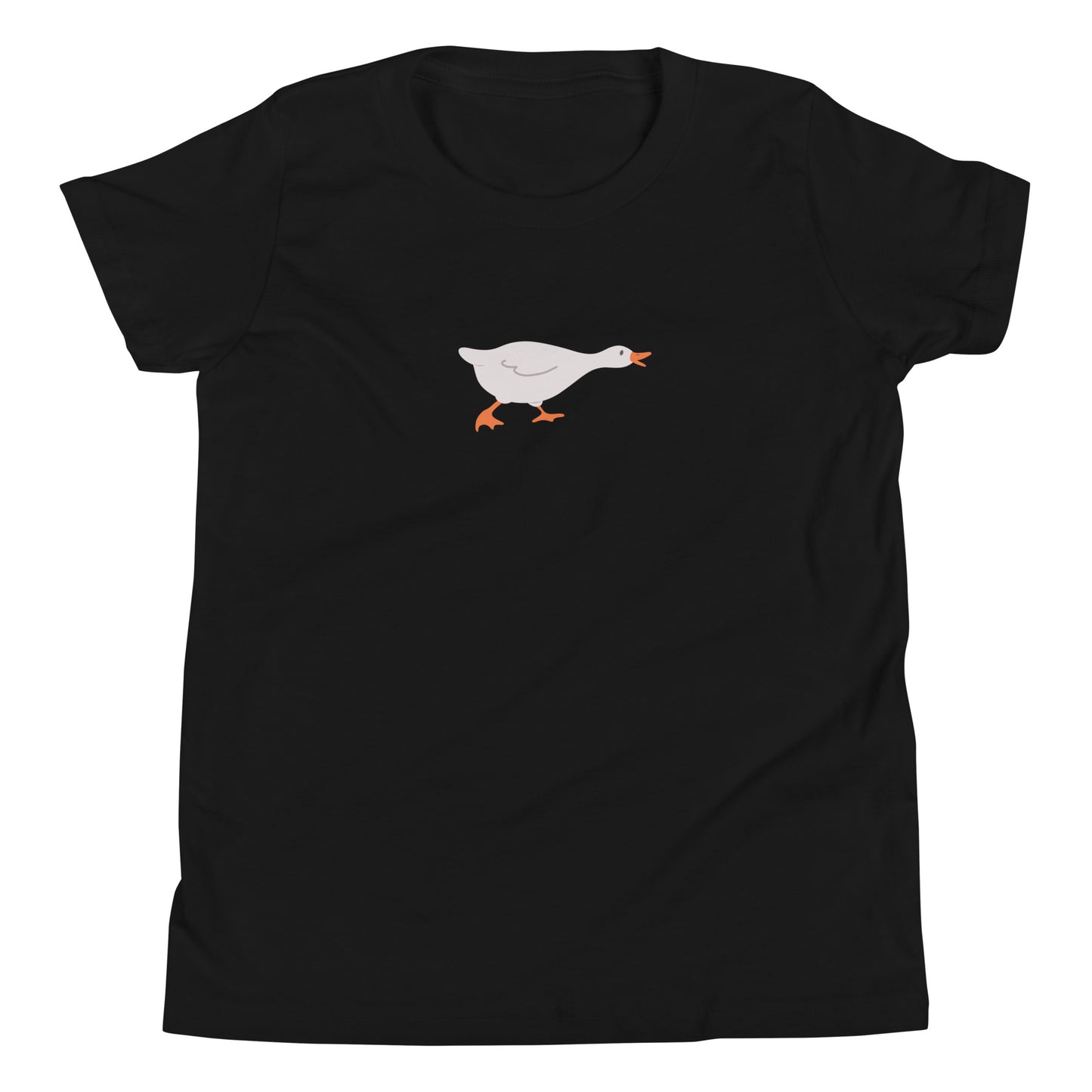 Goose Game Youth T-Shirt with running white goose graphic on soft cotton fabric