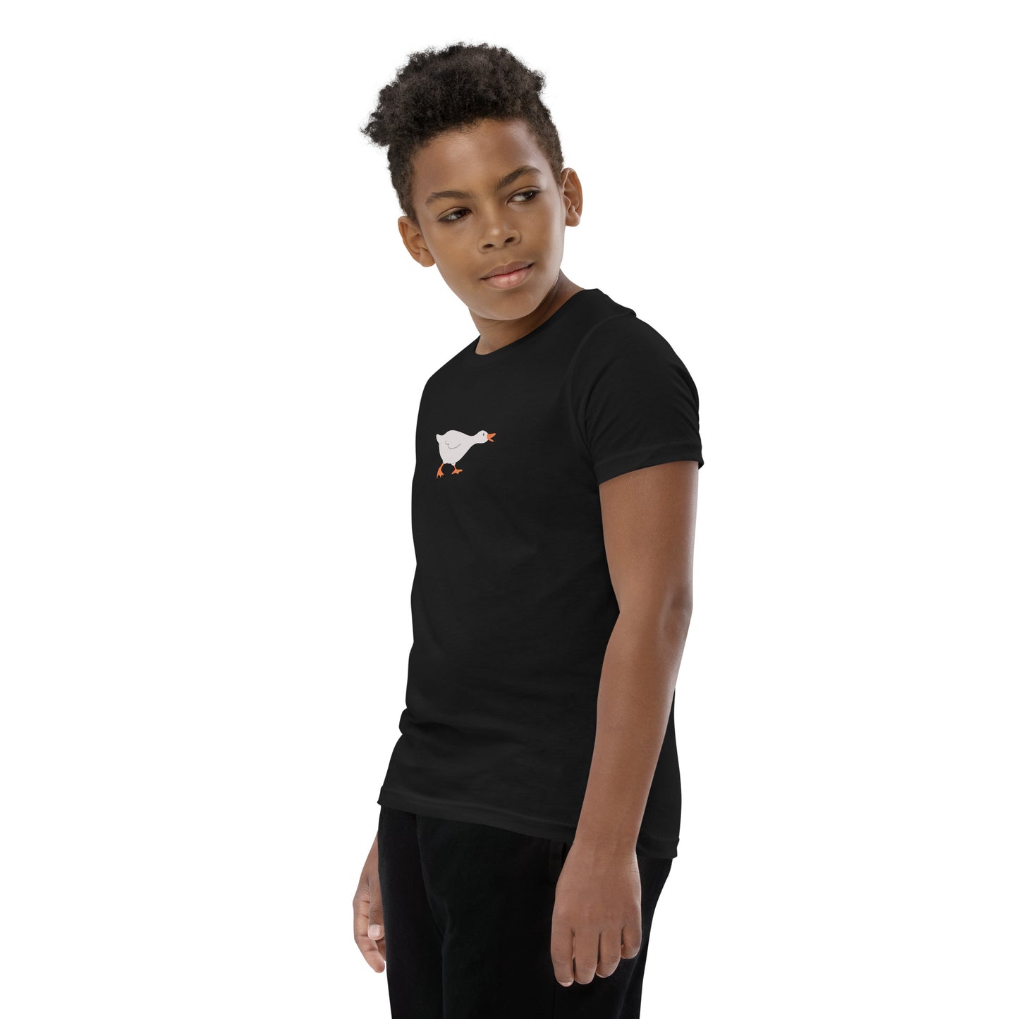 Goose Game Youth T-Shirt with running white goose graphic on soft cotton fabric