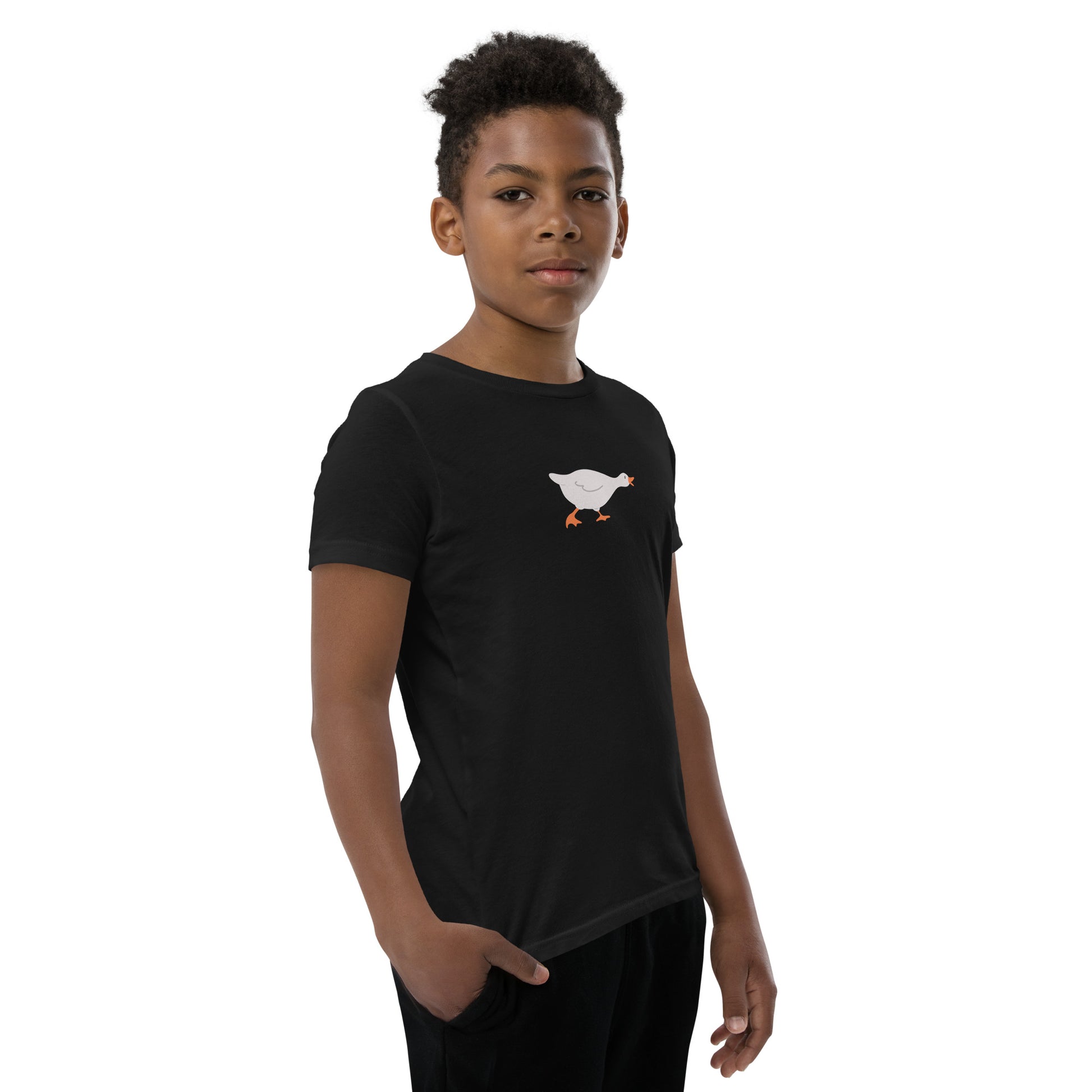 Goose Game Youth T-Shirt with running white goose graphic on soft cotton fabric