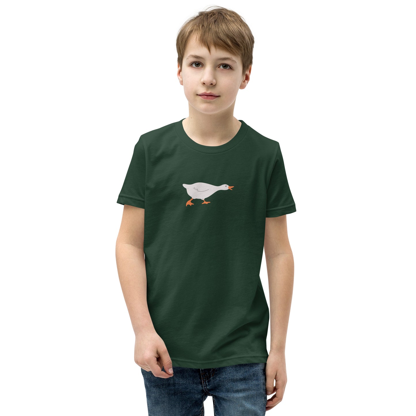 Goose Game Youth T-Shirt with running white goose graphic on soft cotton fabric