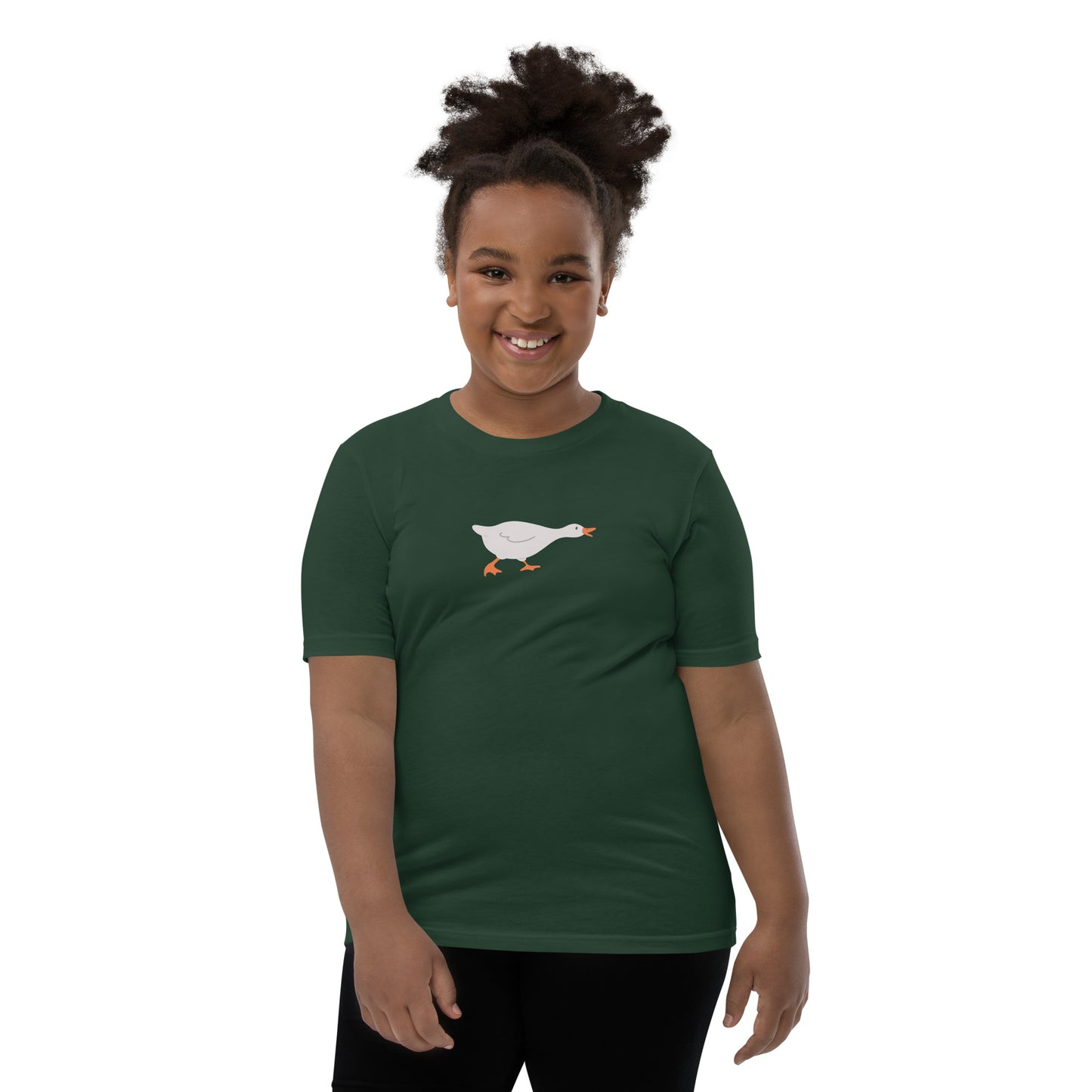 Goose Game Youth T-Shirt with running white goose graphic on soft cotton fabric