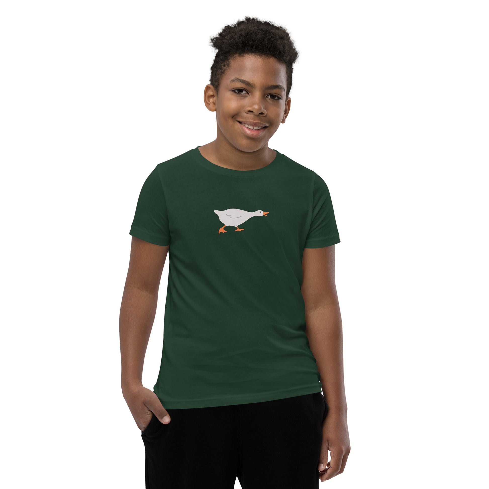 Goose Game Youth T-Shirt with running white goose graphic on soft cotton fabric
