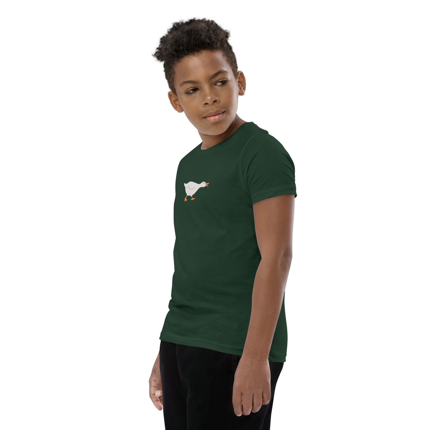 Goose Game Youth T-Shirt with running white goose graphic on soft cotton fabric