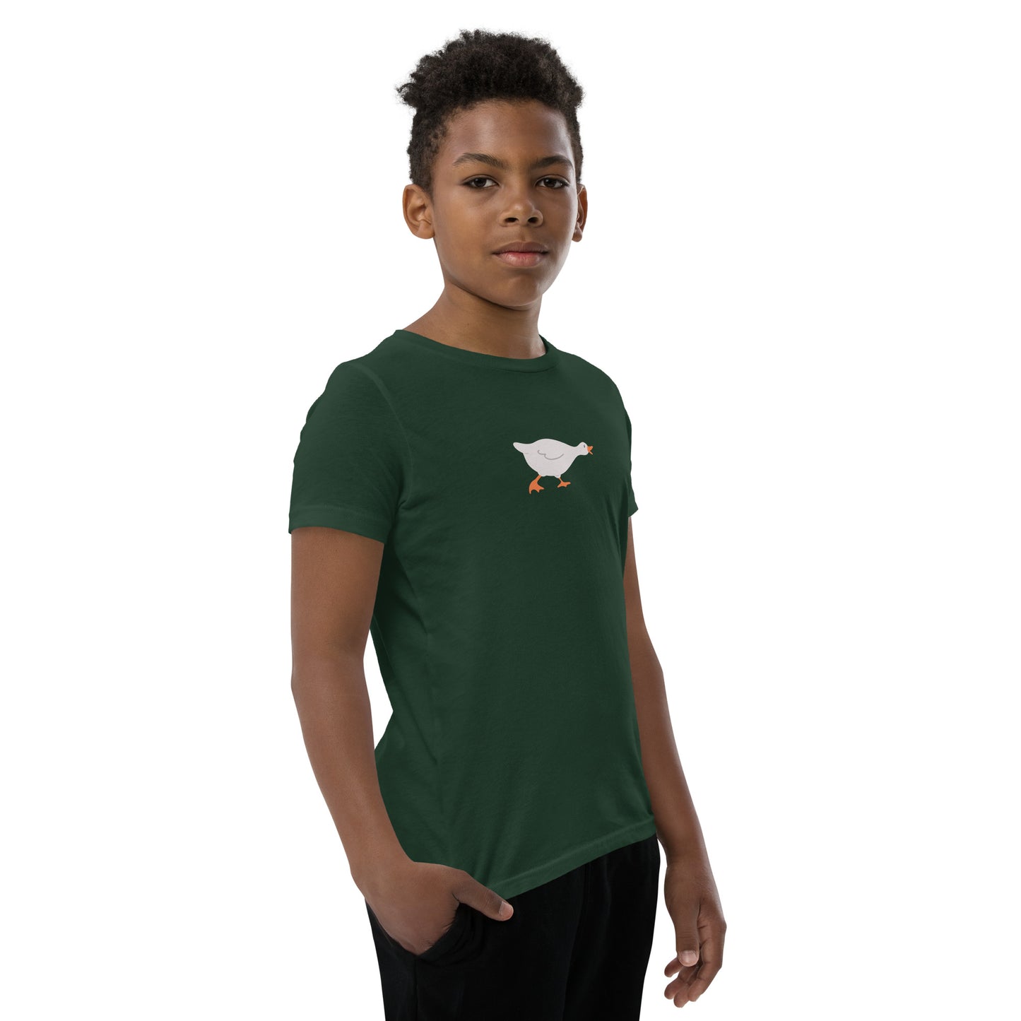 Goose Game Youth T-Shirt with running white goose graphic on soft cotton fabric