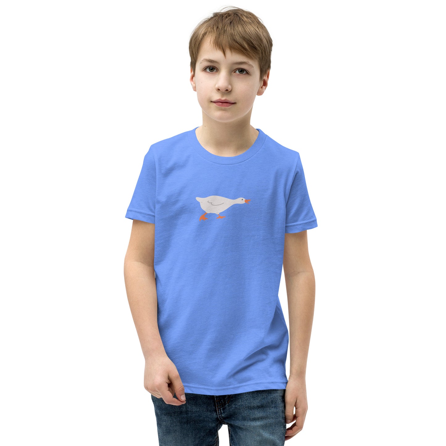 Goose Game Youth T-Shirt with running white goose graphic on soft cotton fabric