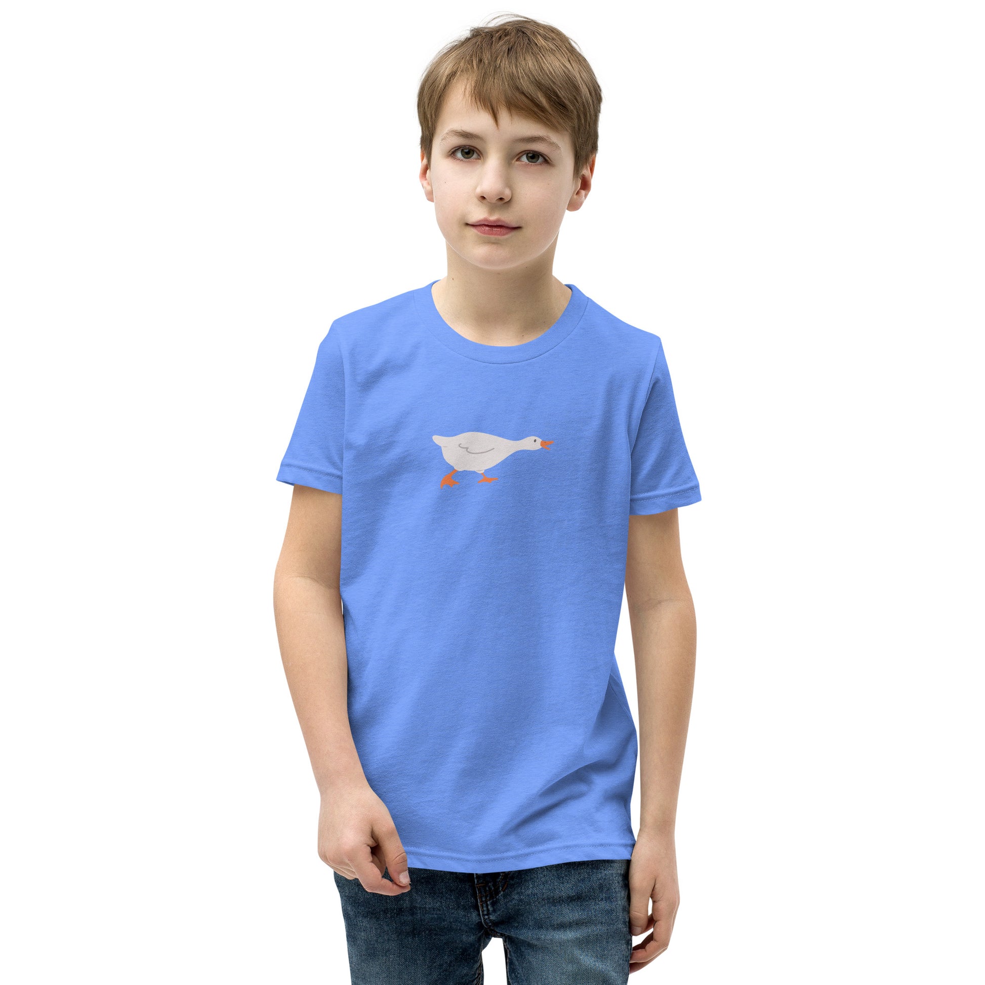 Goose Game Youth T-Shirt with running white goose graphic on soft cotton fabric