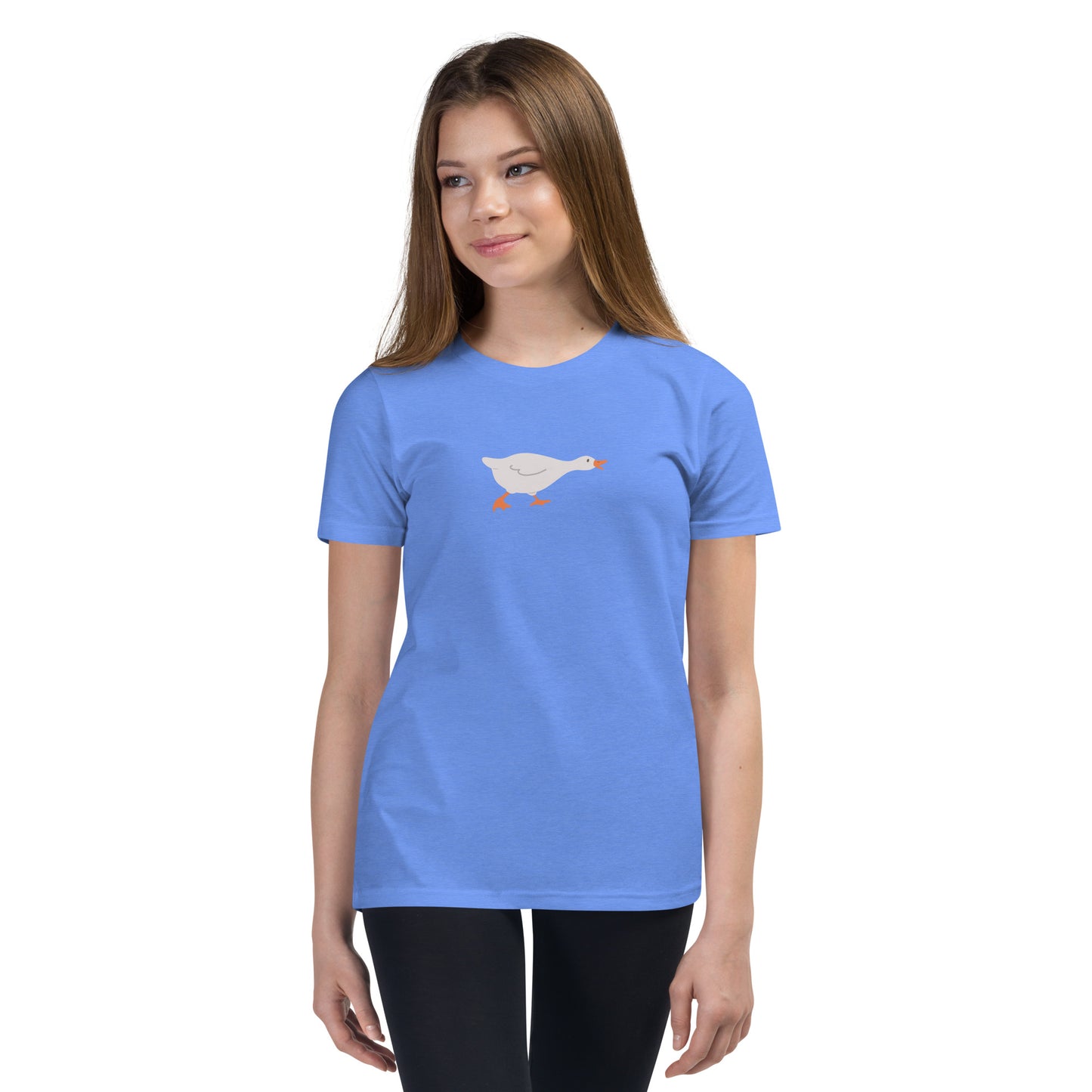 Goose Game Youth T-Shirt with running white goose graphic on soft cotton fabric