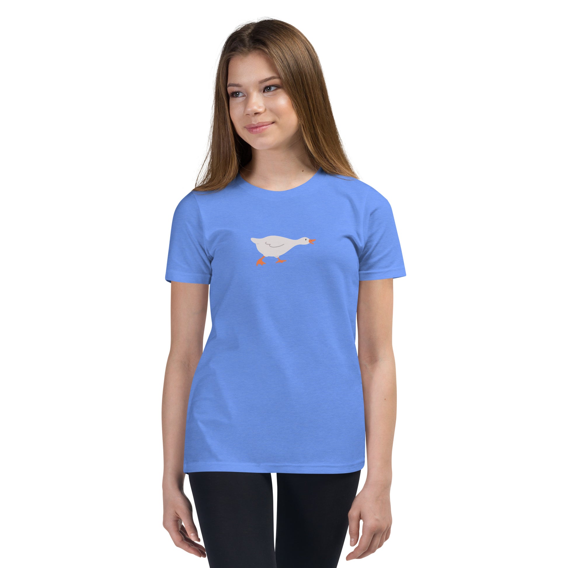 Goose Game Youth T-Shirt with running white goose graphic on soft cotton fabric