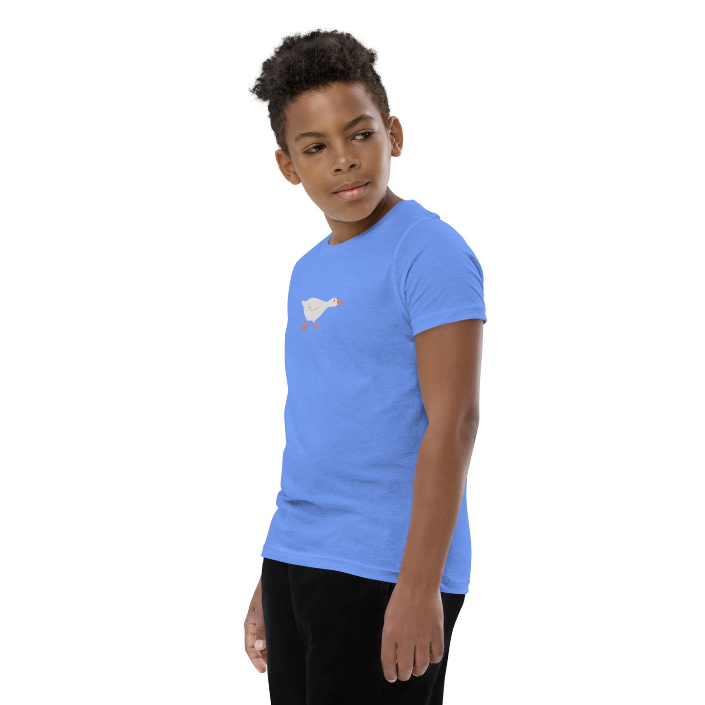 Goose Game Youth T-Shirt with running white goose graphic on soft cotton fabric